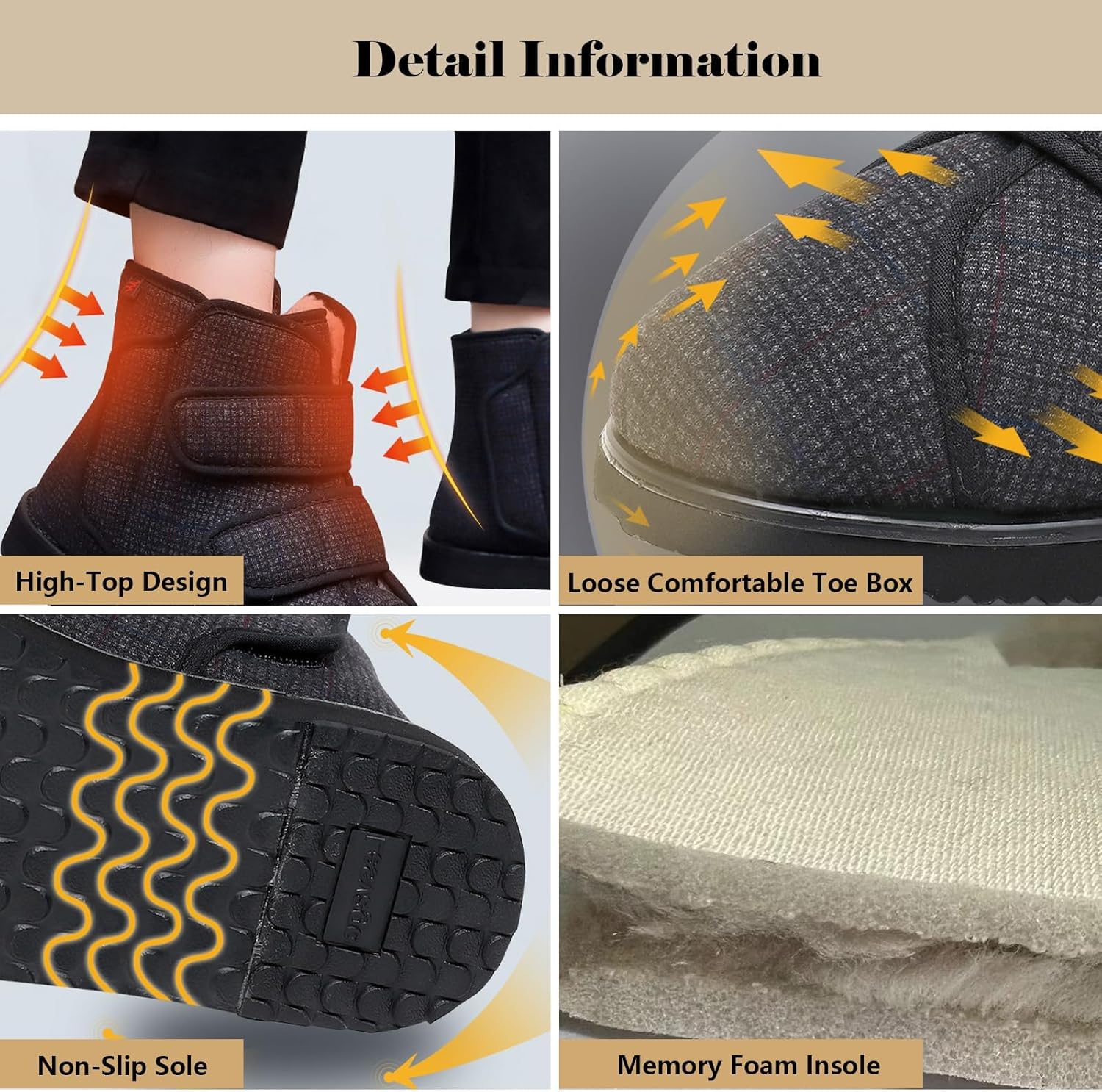 Diabetic Winter Boots for Women's, Comfortable Non Slip Slippers with Warm Fur Lining, Adjustable Extra Wide Shoes for Elderly Swollen Feet