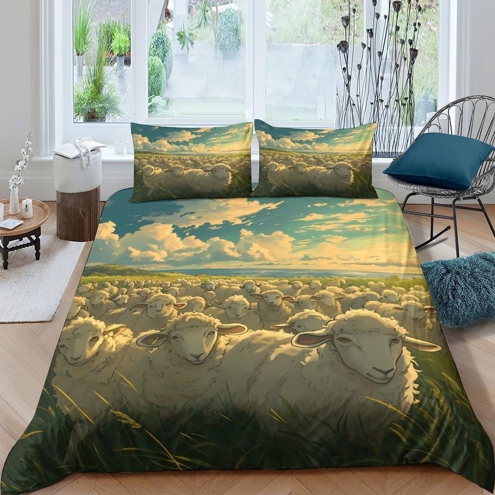 Ctjqhvkz Style-3 3D Printed Sheep Pasture Fitted Sheet Microfiber Soft Breathable Cloud Sky Mattress Cover For Bedroom Dorm Decor Single（135X200cm）