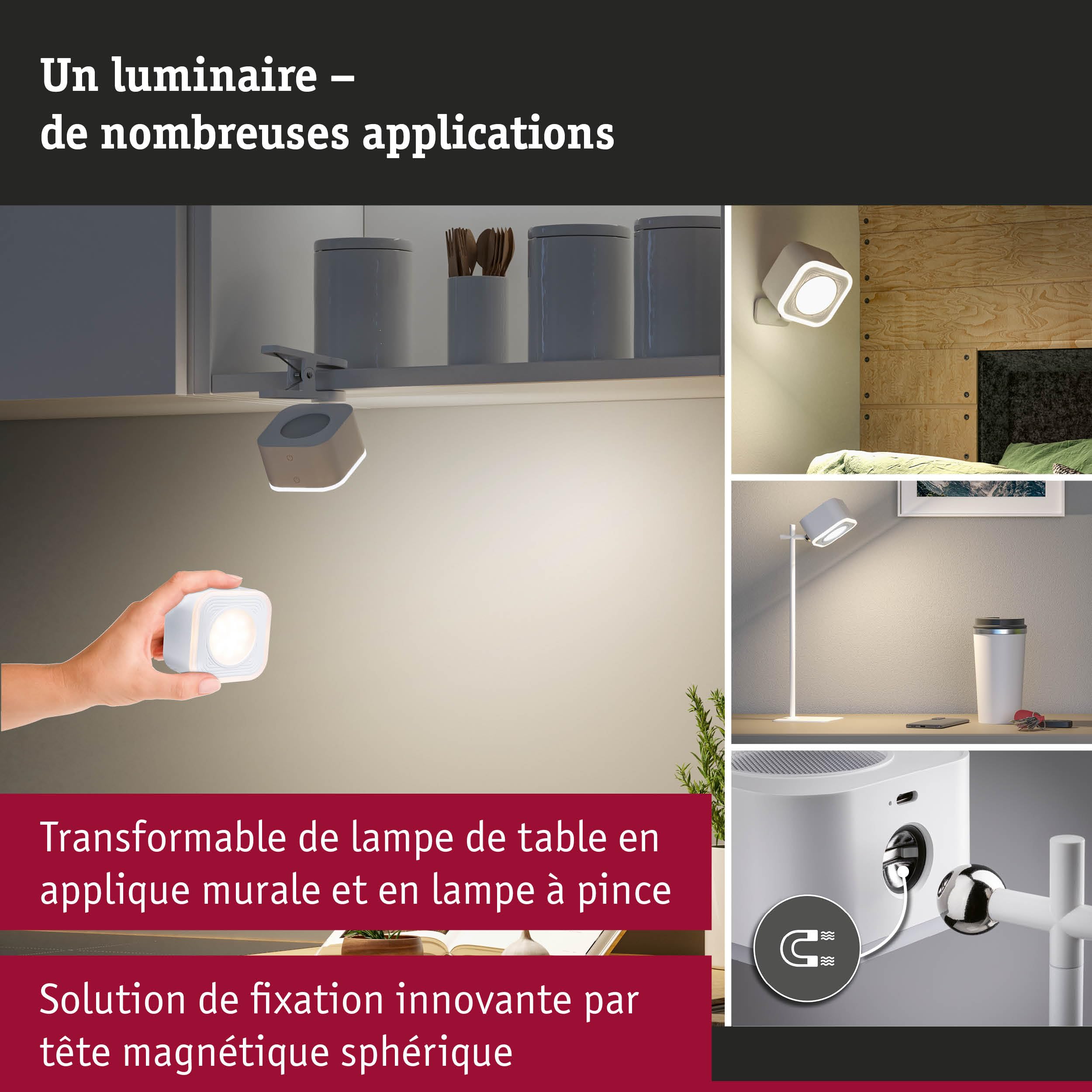 Paulmann Lamp à pos mob Varia magnetic 3in1 LED WhiteSw dim 3W USBC Blanc Pla Métal 71172