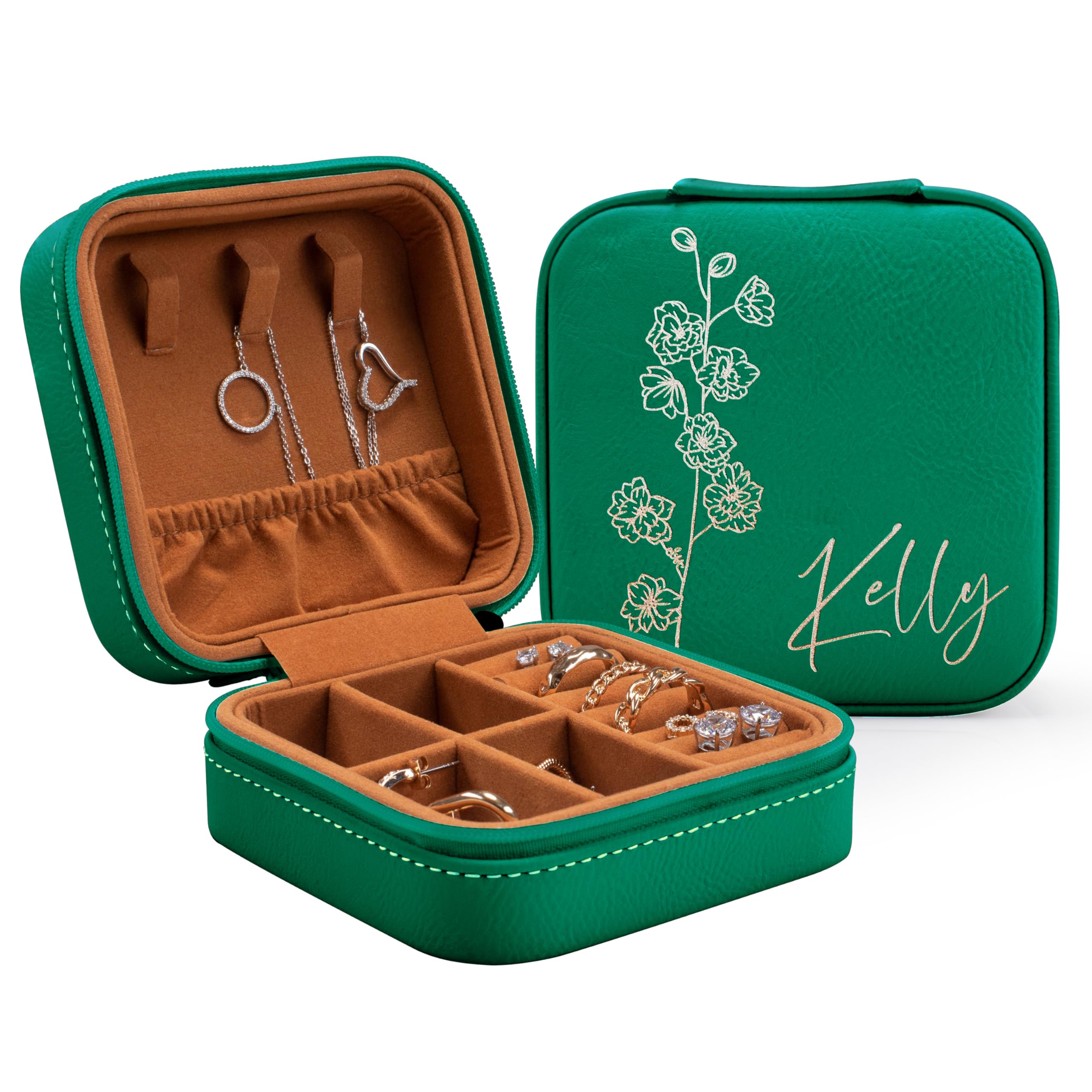 Custom Leather Jewelry Box w/Name & Birth Flower Month - Birthday Gifts for Women, Personalized Jewelry Travel Case - Customized Jewelry Organizer Box, Mom Birthday Gifts - Emerald