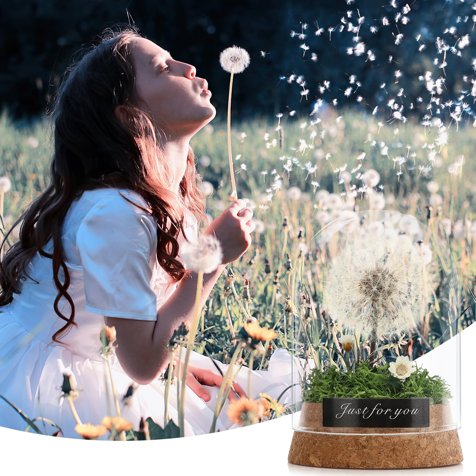 Vetro Fiore Desiderato Dente di Leone con Luce LED Regalo Decorativo Verde Smeraldo
