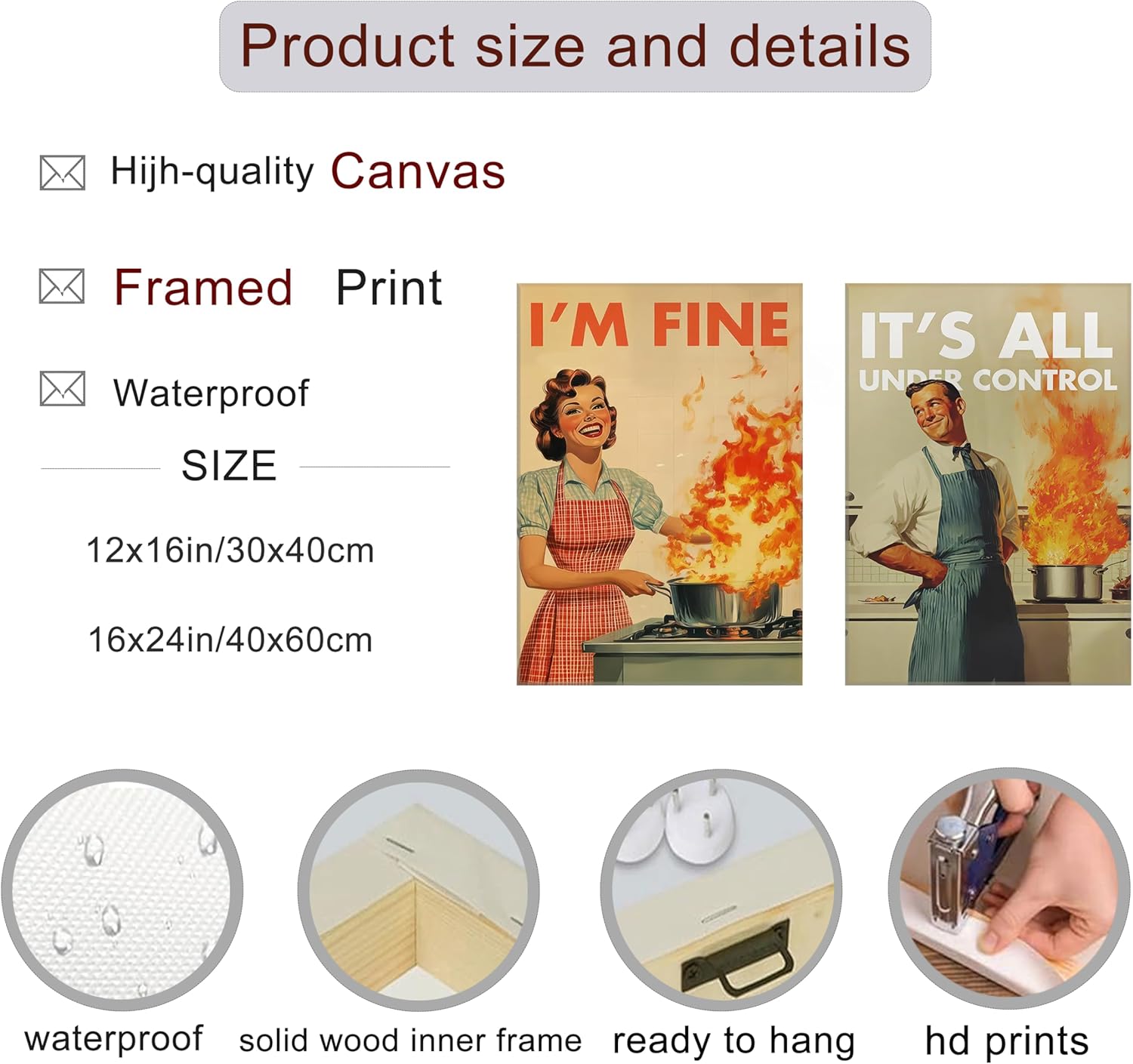 Funny Vintage Kitchen Canvas Wall Art Humorous 50s Cooking Pictures Wall Decor I'm Fine Housewife Posters Chef Baking Painting Print Artwork for Dining Room Restaurant Cafe Bakery Decor, Framed