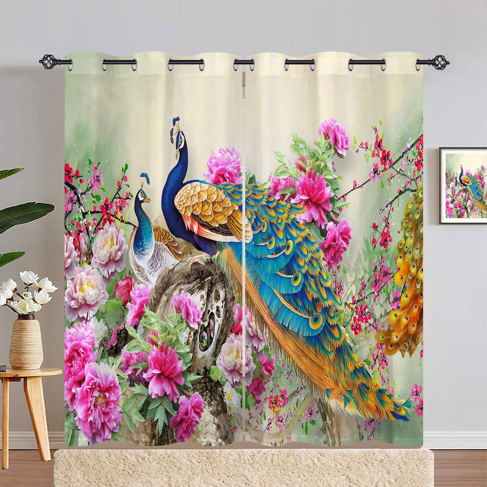 ANHOPE Peacock Curtains Eyelet Thermal Insulated Blackout Curtains Colorful Watercolor Peacock Flower Print Pattern Ring Top Drapes for Bedroom Living Room 55 x 84 Inch Drop 2 Panels