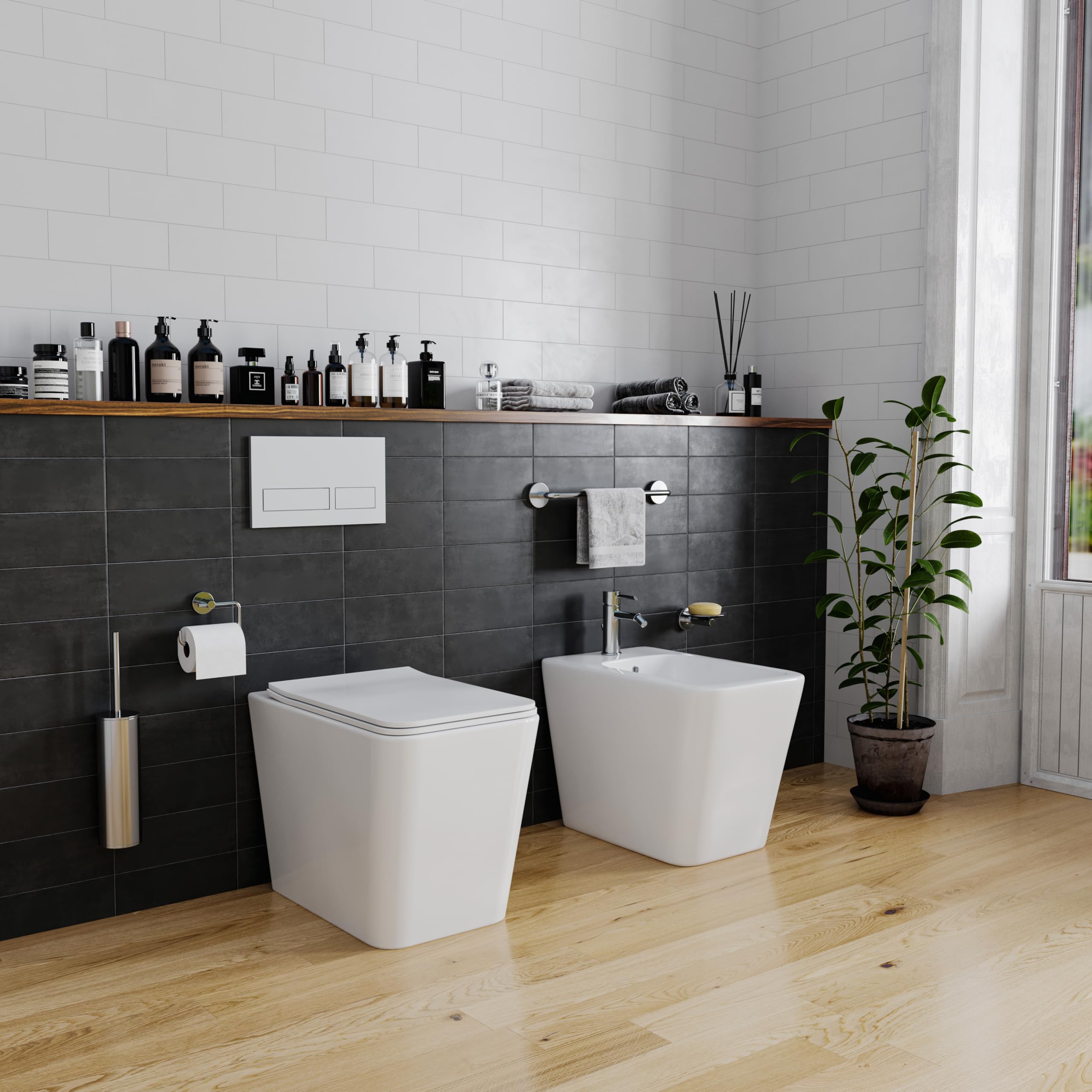 Set Sanitari Filomuro WC e Bidet Quadrati in Ceramica con Copriwater Soft Close e Sgancio Rapido Bianco Lucido Design Moderno (Quadrato)