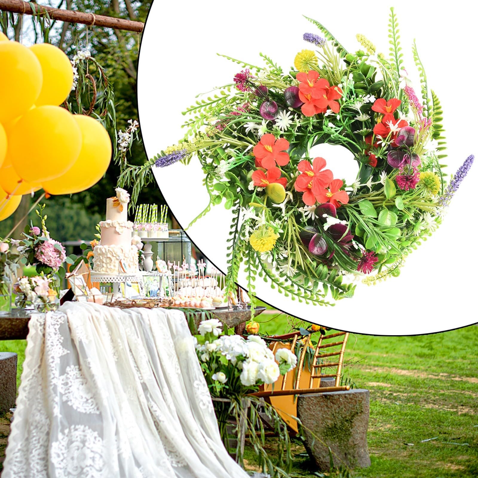 Guirlande de fleurs sauvages de printemps 30 cm Couronne artificielle pour porte d'entrée