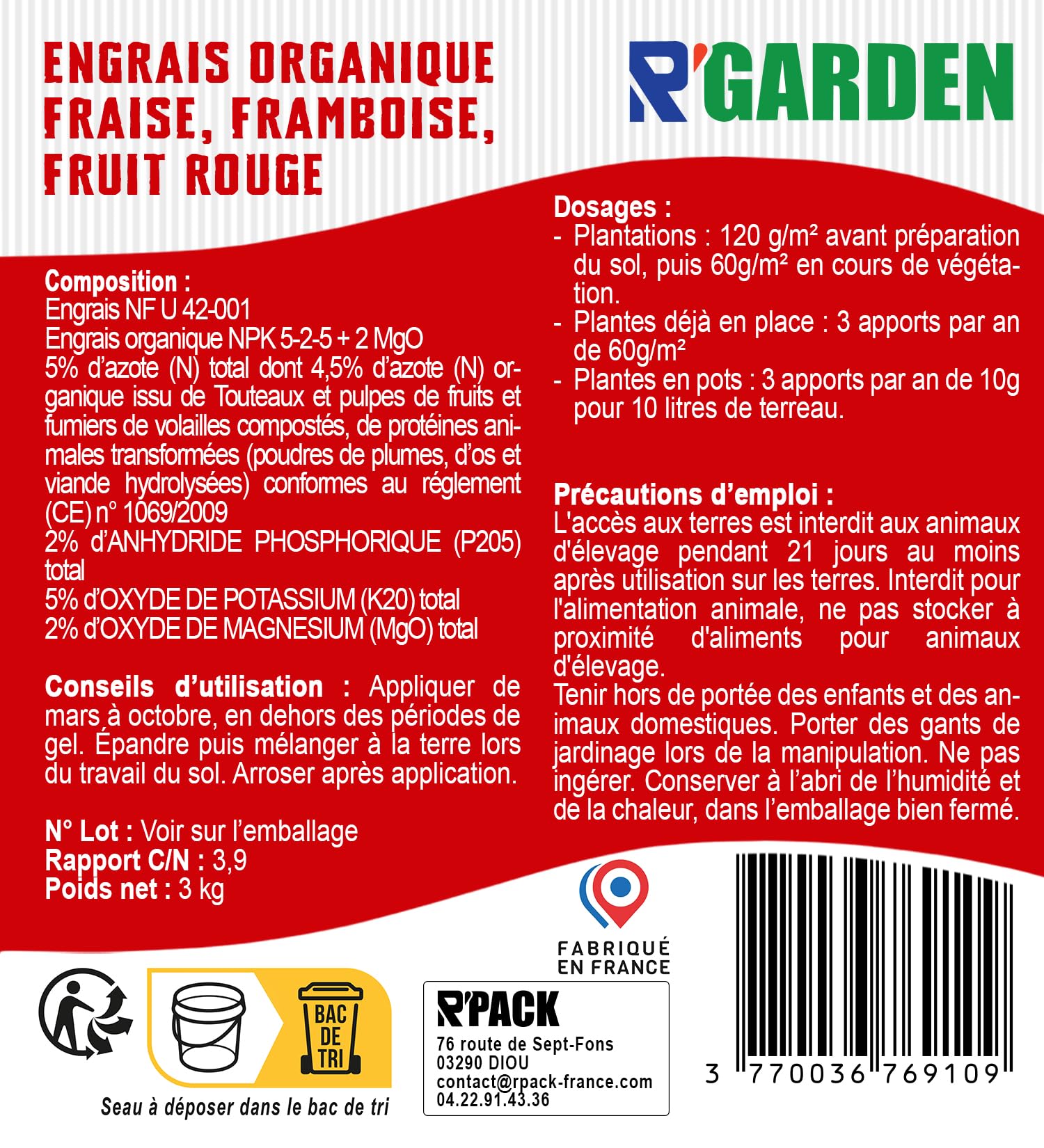 R’GARDEN – Engrais organique Fraise, Framboise & Fruit Rouge – Récoltes abondantes – Action lente et progressive – Fabriqué en France (3Kg)