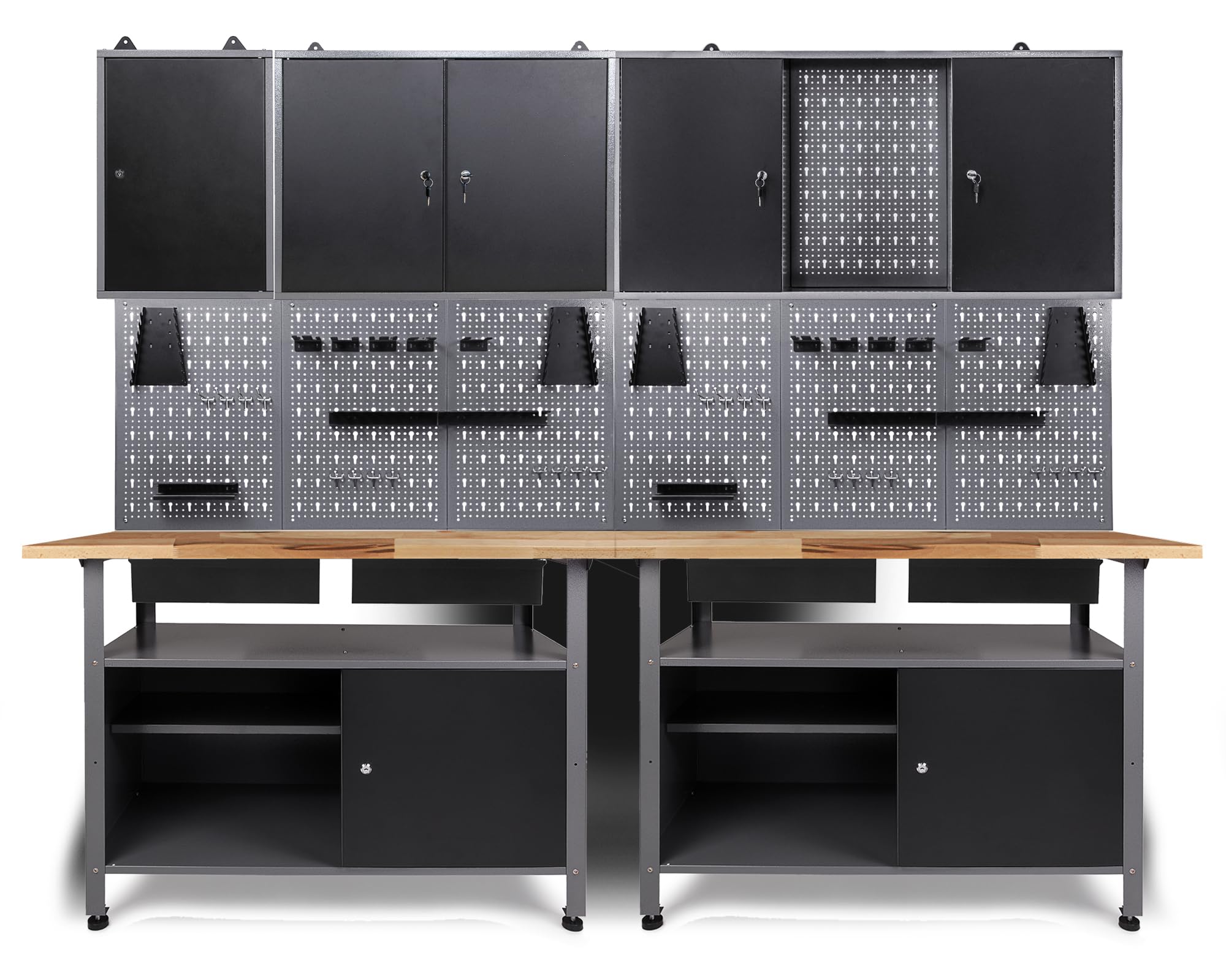 Ondis24 Werkstatteinrichtung Werkstatt Set Werkbank Fritz Hängeschrank Werkzeugwand Metall Schwarz Grau (Hängeschrank Ben & Tim, 240 cm), Buchenholzarbeitsplatte