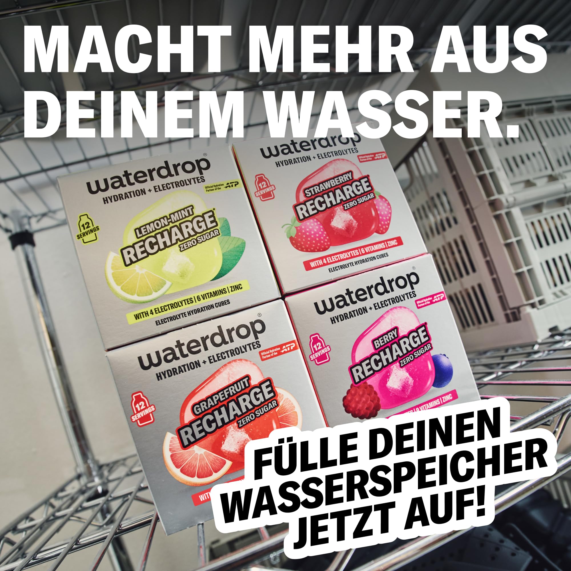 waterdrop® Microlyte Mix – Elektrolyte ohne Zucker für Sport – 36 Drops Würfel mit Magnesium, Kalzium, Natrium + Zink – Hydration & Geschmack für Wasser in Erdbeere, Grapefruit & Zitronen-Minze