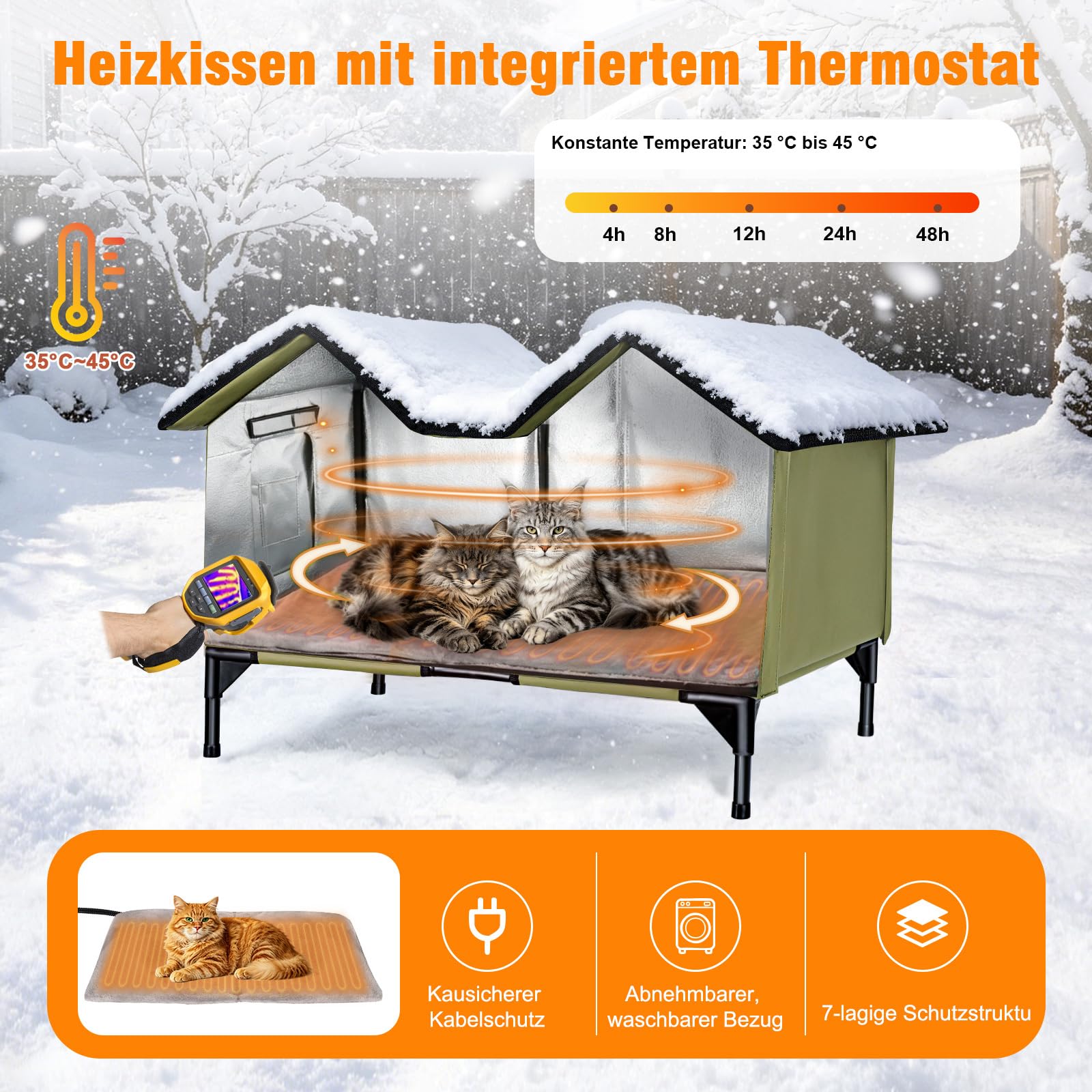 Casetta riscaldata per gatti per esterni, resistente all'inverno, extra grande, isolata, con cuscino riscaldante e porta di fuga, spaziosa cuccia per gatti e cani, rialzata e resistente alle