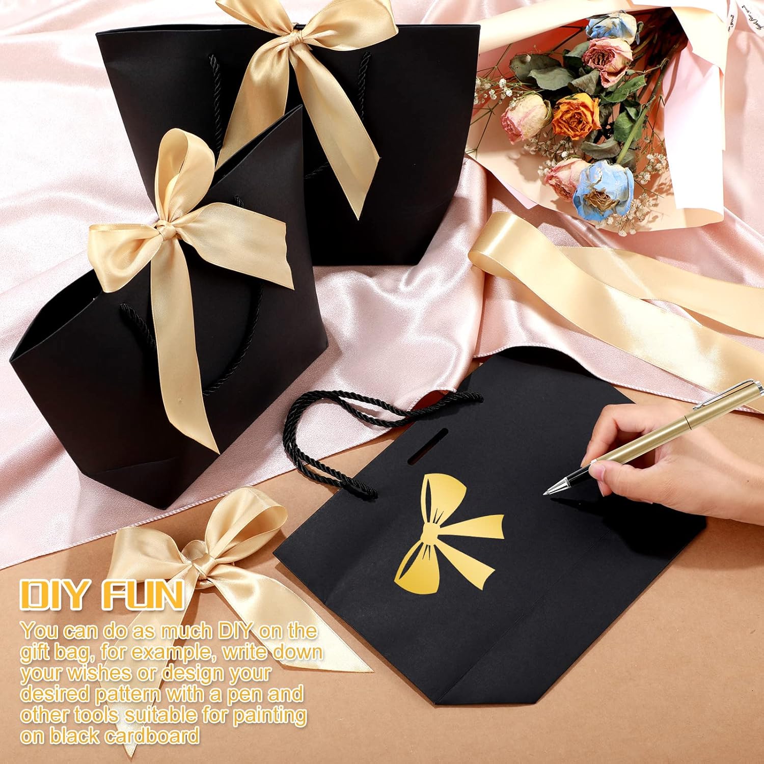 Jeyiour 36 Pack Wedding Favor Bags Black and Gold Gift Bags with Bow Handles Thank You Gift Paper Bag Bulk with Bow Ribbons 10.6 x 7.9 x 3.5 Inch for Guests Birthday Holiday Bridesmaid Celebration - Image 5