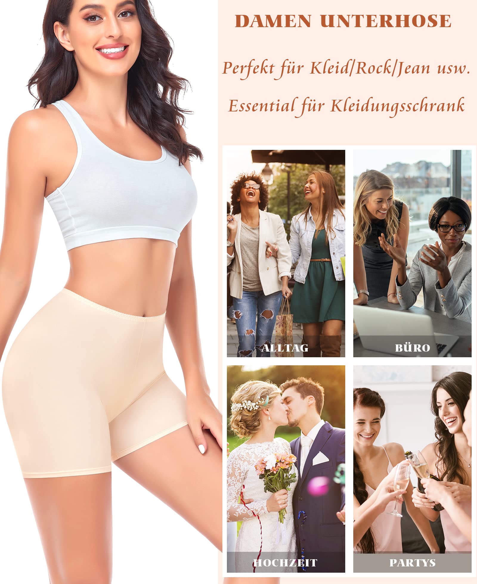 YARRCO Damen Unterhose Kurz Hose Unter Rock Kleid Nahtlos Slipshort Anti Chafing Boxershorts Kurz Leggings Radlerhose (Beige, XL)