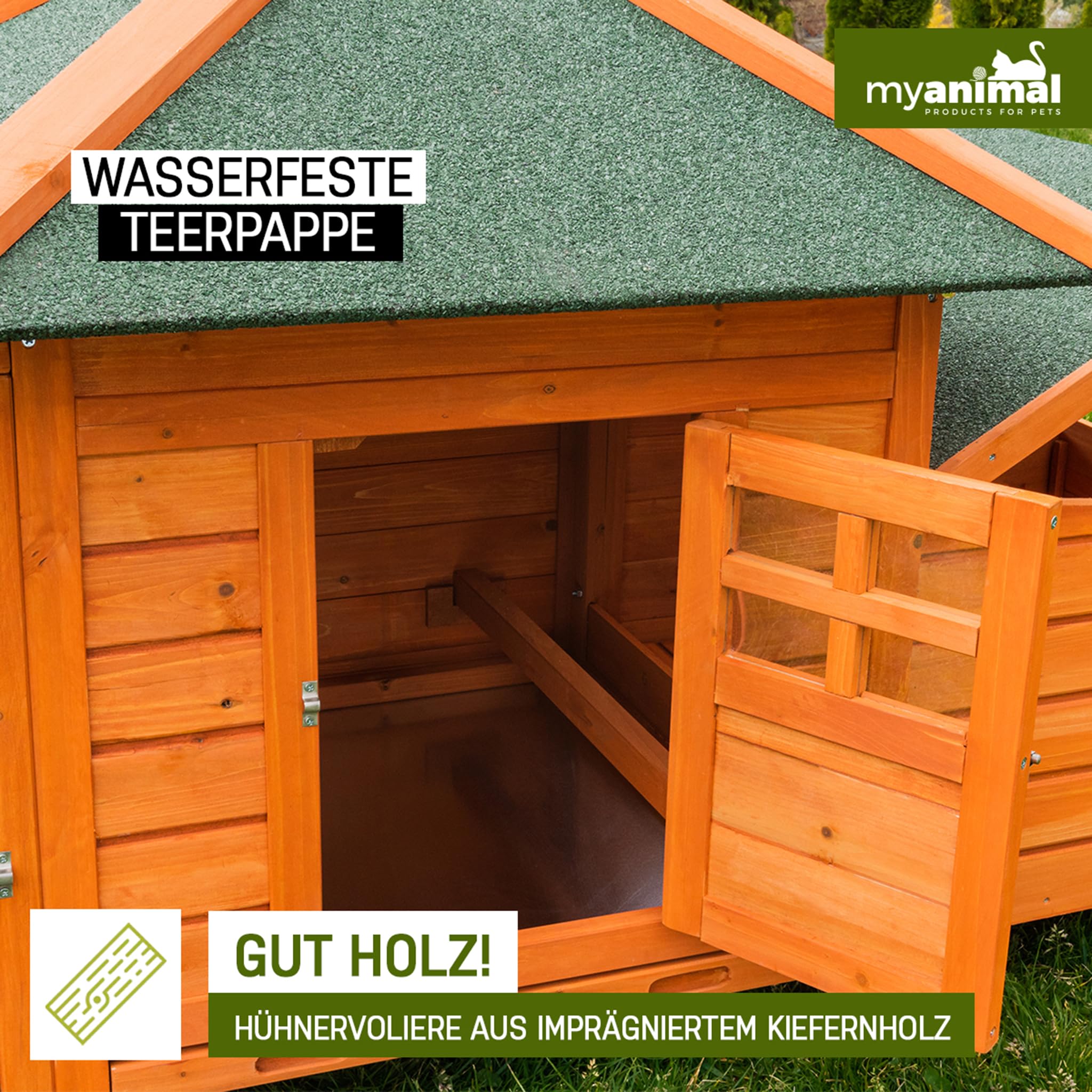 Miweba MyAnimal Hühnerstall für 3 Hühner | 206x73x123 cm Winterfest - Vogelhaus - Hühnergehege mit Nistkasten - Voliere - Hühnerhaus - Freilaufgehege Huhn - Legenest - Vogelvoliere - Gehege (Braun)