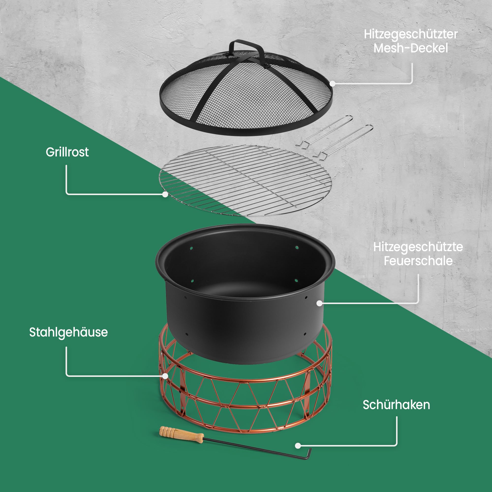 VonHaus BBQ Feuerstelle, 2-in-1 Feuerschale für Garten, Terrasse und Outdoor, Feuerkorb aus Stahl mit Kupferdetail, Feuerschale mit Funkenschutz, Schürhaken und Grillrost, Nutzbar mit Holz und Kohle