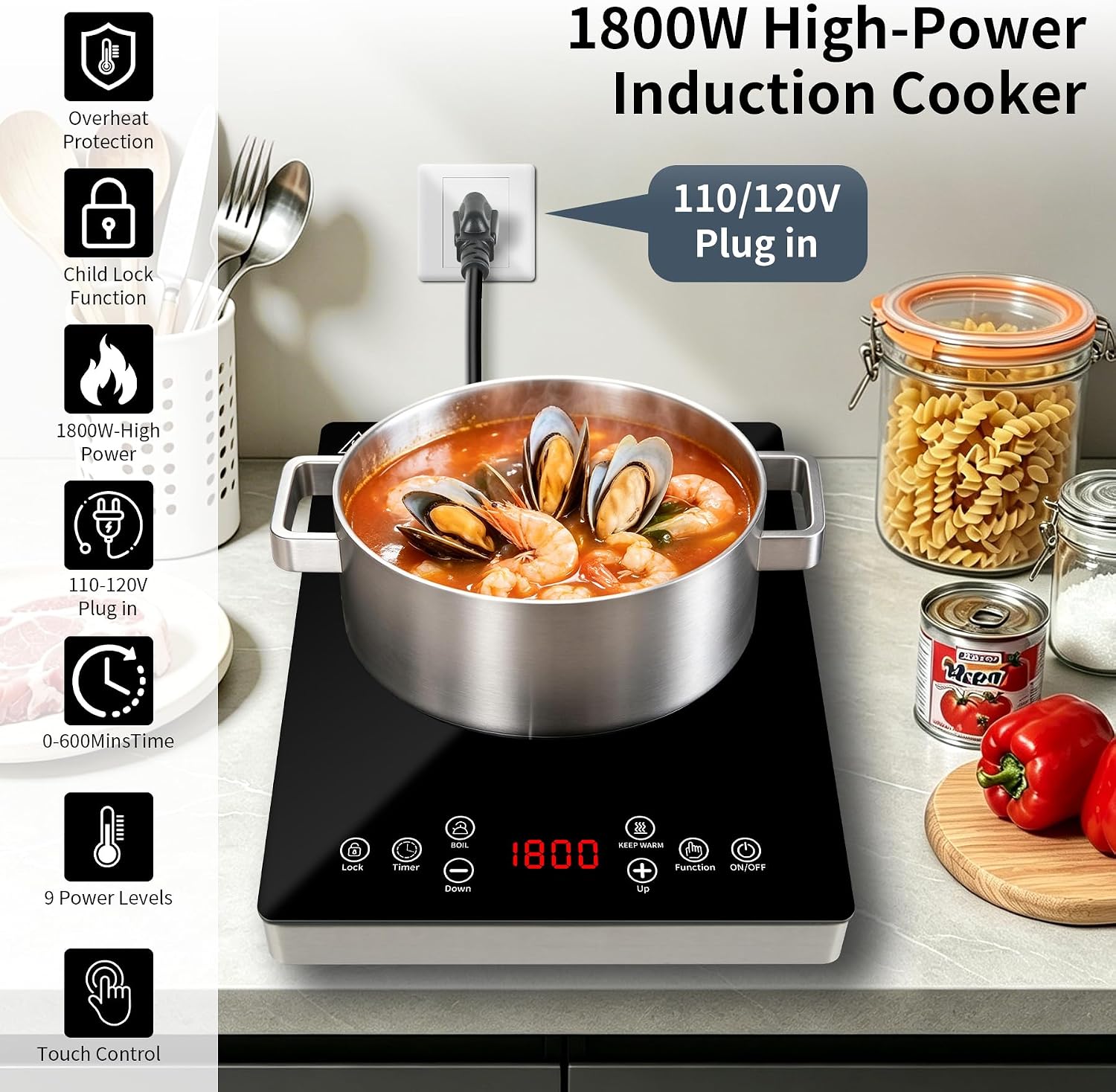 HUIPUSHEPortable induction Cooktop,1800W Single Induction Cooktop | Portable induction hot plate with LCD touch control,9 Levels,10H,Safety Lock, 110V single burner induction Cooktop