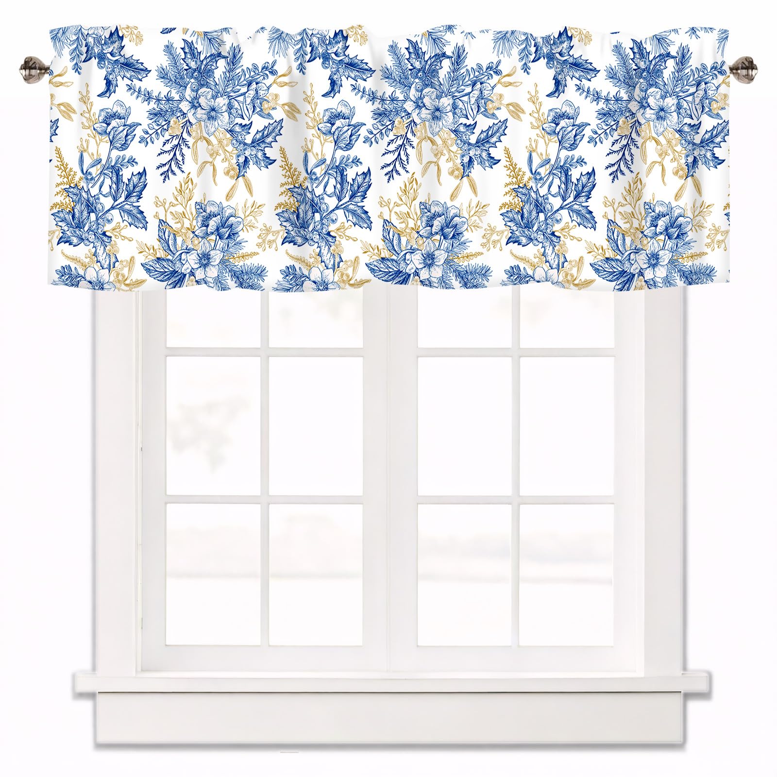 Blue Floral Valances for Windows Short Curtains 54x18 Inch