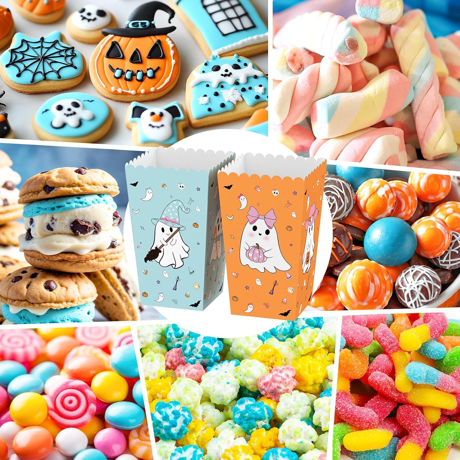K KUMEED 24 PCS Halloween Popcorn Favor Boxes,Cute Ghost Popcorn Bowls Popcorn Buckets Candy Bags Boo Theme Cookie Container for Kids Halloween Party Supplies (Blue&Orange)