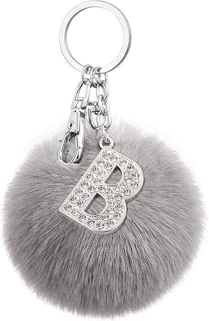 Cartsclick Pom Pom Keyrings with B Letter Keychain  2 in 1 Fluffy Keyring with Crystal Initial Letter Keyring  Personalised Pom Poms Keychain