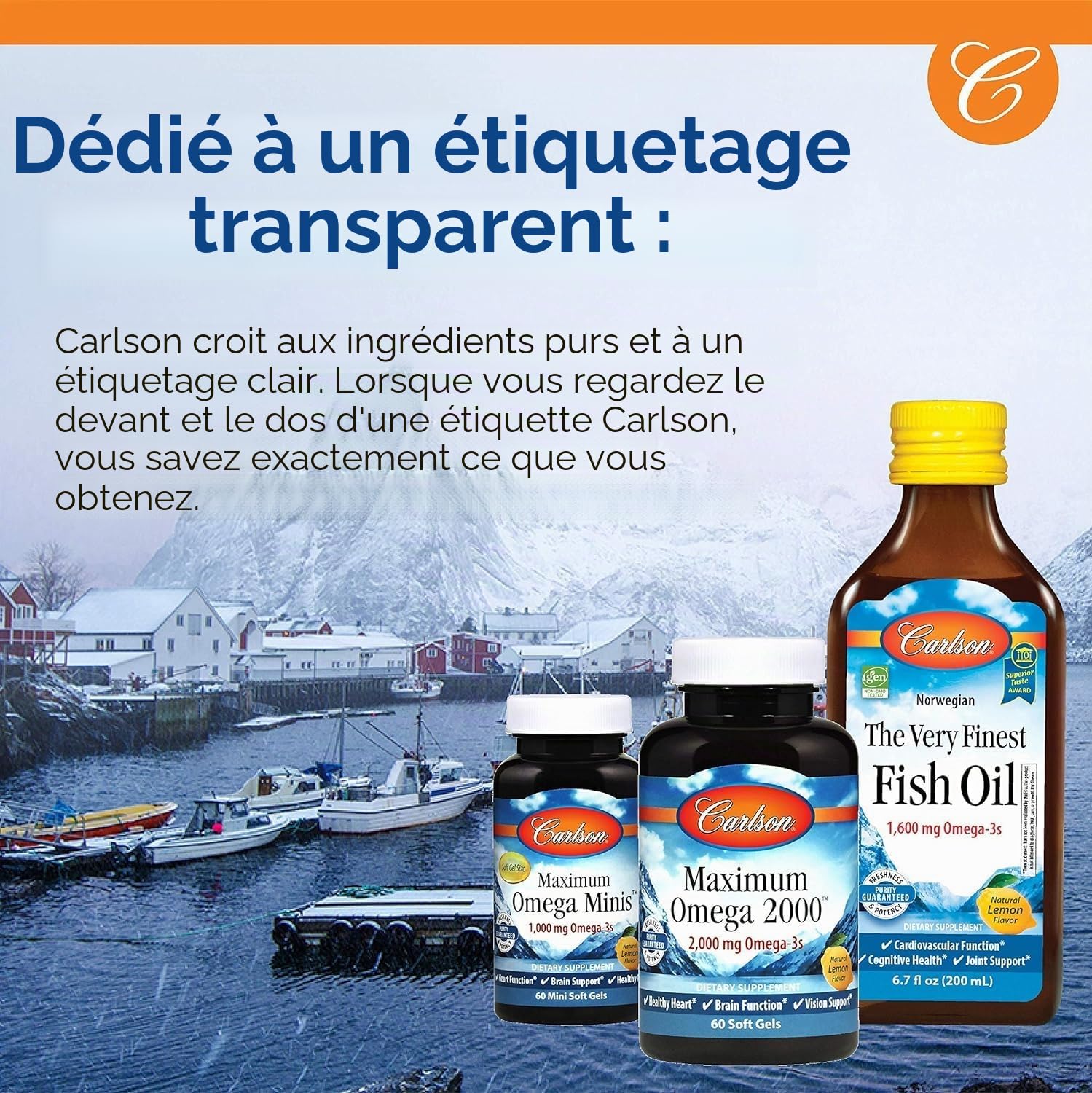 Carlson, l'huile de poisson la plus fine, provenant de sources durables en Norvège avec 1600 mg d'oméga-3, orange, 200 ml