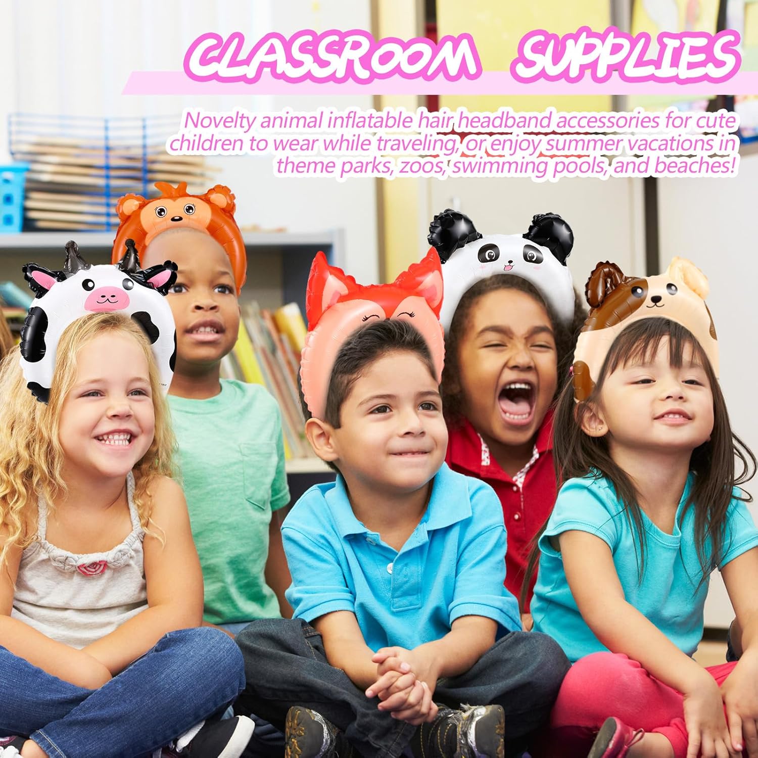 Liliful 200 Pcs Zoo Animal Inflatable Headbands Unicorn Wildlife Safari Balloon Hair Hoop Unicorn Balloon Kit with Pump Inflatable Jungle Animals for Birthday Party Favors Decorations