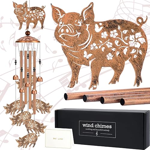 Campanillas de viento decorativas de cerdo  Campanillas de viento de animales de metal con tarjeta decoración exterior interior para jardín, patio,