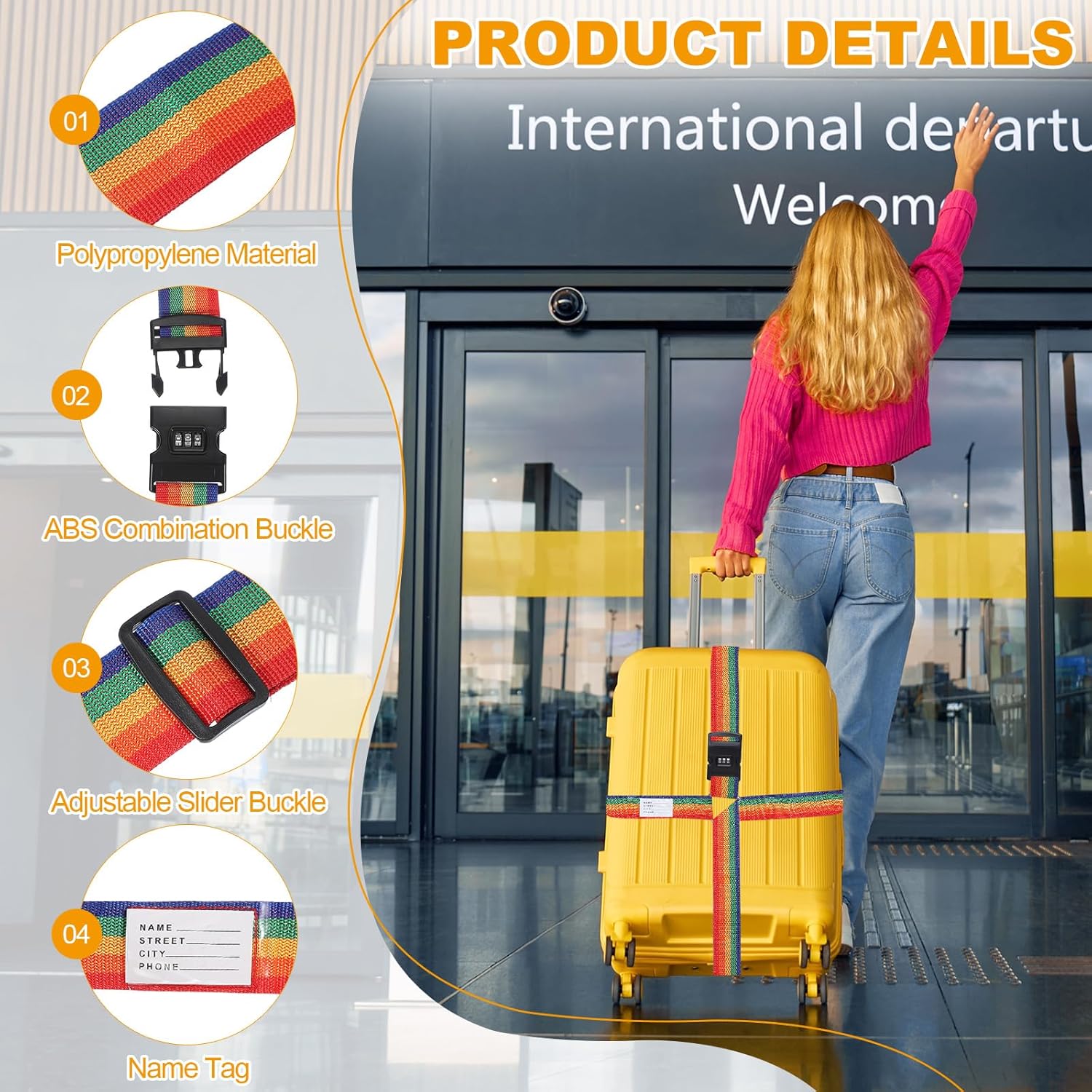 MECCANIXITY Cross Luggage Straps with Combination Lock Name ID Card Adjustable Suitcase Belt Strap for Suitcase Briefcase Backpack Travel, Rainbow, Pack of 2