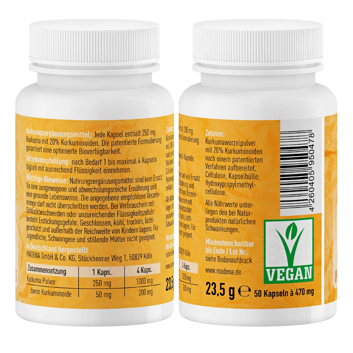 MADENA Kurkuma, Kurkumin hochdosiert, optimierte Bioverfügbarkeit, patentiertes Verfahren, bewusst ohne Piperin und Emulgatoren, vegan 50 Kapseln