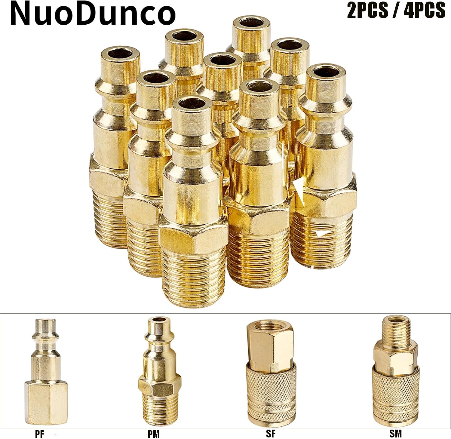 2-Piece Quick Coupler Set, Solid Brass 1/4 Inch NPT Air Line Hose Fittings, Industrial Style Air Compressor Hose Connectors(PF,2Pcs)