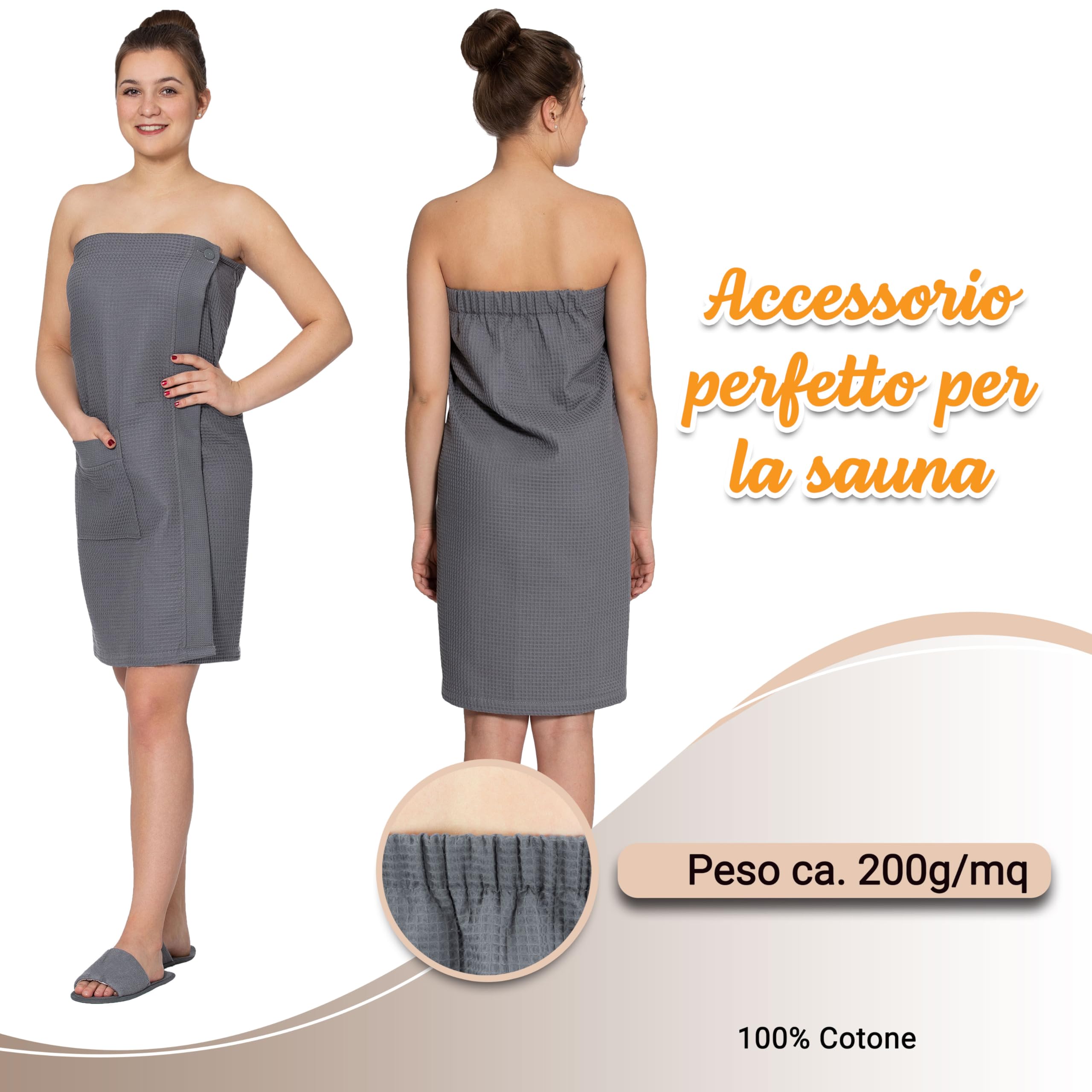 ZOLLNER Kilt da sauna per donna in ottica Piquè - Cotone - Con elastico e chiusura a bottoni - pratiche tasche con cerniera - lavabile a 60°C - OEKO-TEX (R), grigio