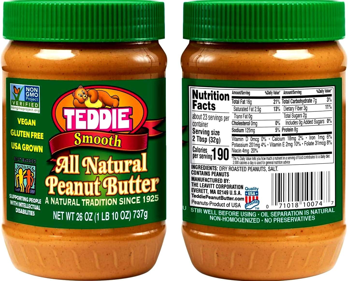 TeddieAll Natural Peanut Butter, Smooth, Gluten Free & Vegan, 16 Ounce Plastic Jar (Smooth, Pack of 2)