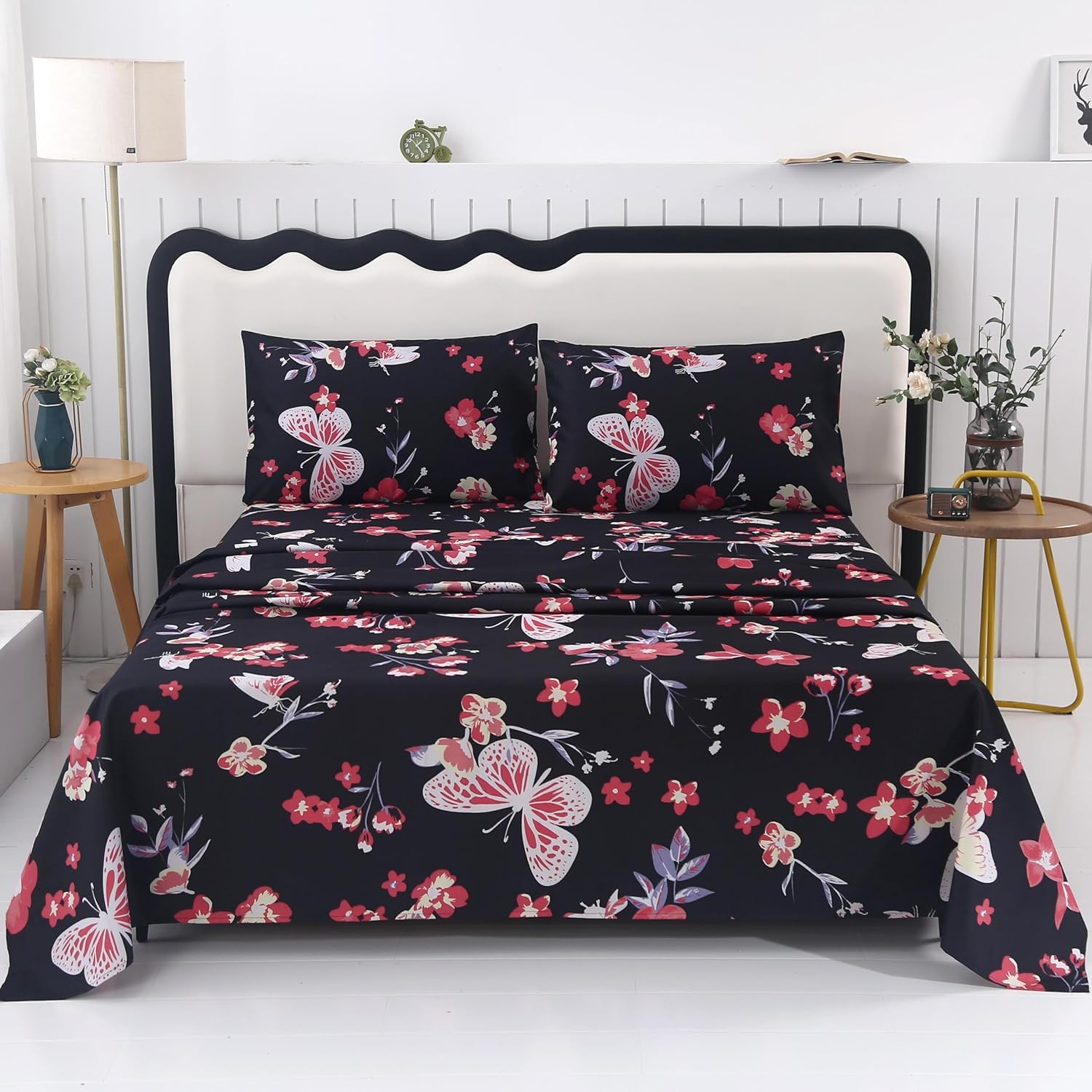 SDIII 4PCS Red Cherry Sheets Set Queen, Soft Microfiber Cherry Sheets Queen, Cute Fruit Patterns Bed Sheet for Girls Boys Kids and Teens