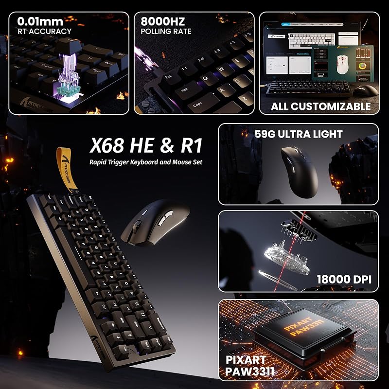 ATTACK SHARK X68 HE & R1 Gamer Billentyűzet-Egér Szett, 8000 Hz Gyorstrigger, 59g Szuperkönyű Vezeték Nélküli Egér, 18000DPI, RGB Háttérvilá