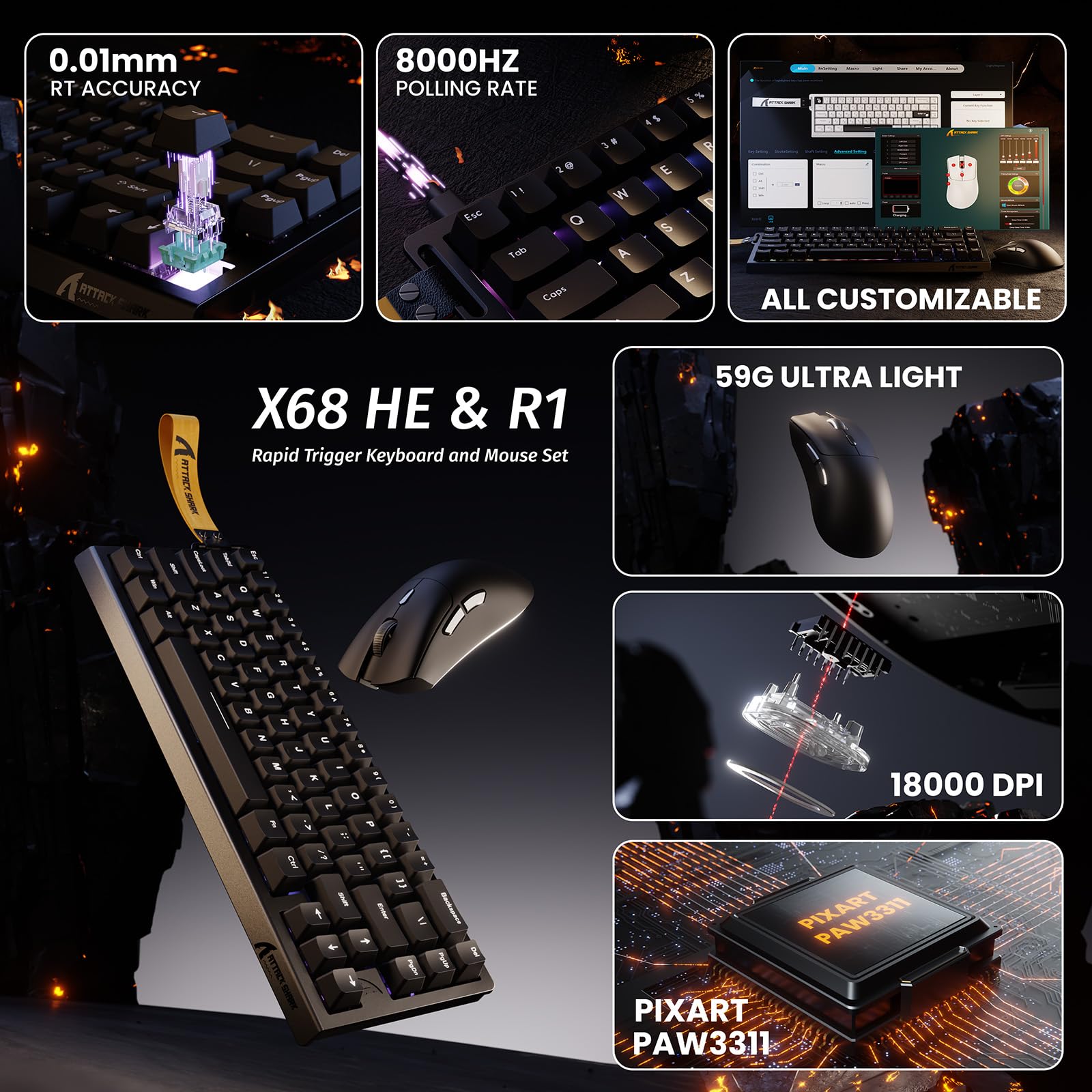 ATTACK SHARK X68 HE & R1 Ensemble Clavier et Souris Gaming, Clavier Gamer Filaire 8000Hz Rapid Trigger, 0,01 mm RT, Snap Tap, Souris sans Fil Superlight 59g, 18000 DPI, BT/2.4G/USB-C, Noirs