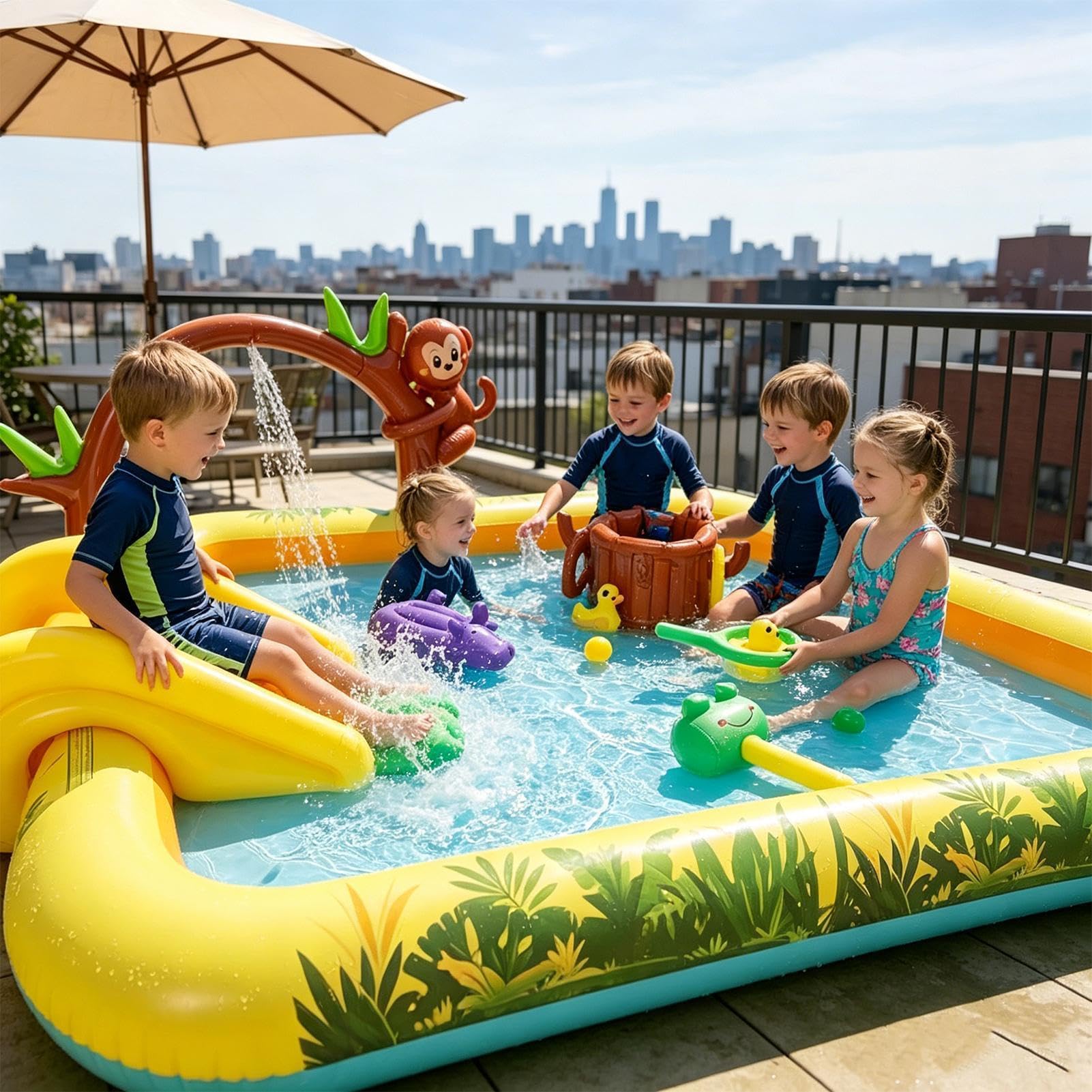Aufblasbarer Pool mit Rutsche Niedliches Tier-Aufblasspaß mit Rutschen | Blasbares Schwimmbecken für Außenbereich, Hof, Rasen, Terrasse, , Park, Spielplatz, Haus, Schule, Urlaub