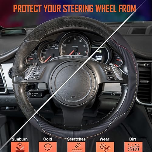 Miniatura 4 de Car Pass - Funda de cuero con colorido ribete y de ajuste universal para volante de 14.5 a 15 pulgadas, ajuste perfecto para SUV, camionetas,