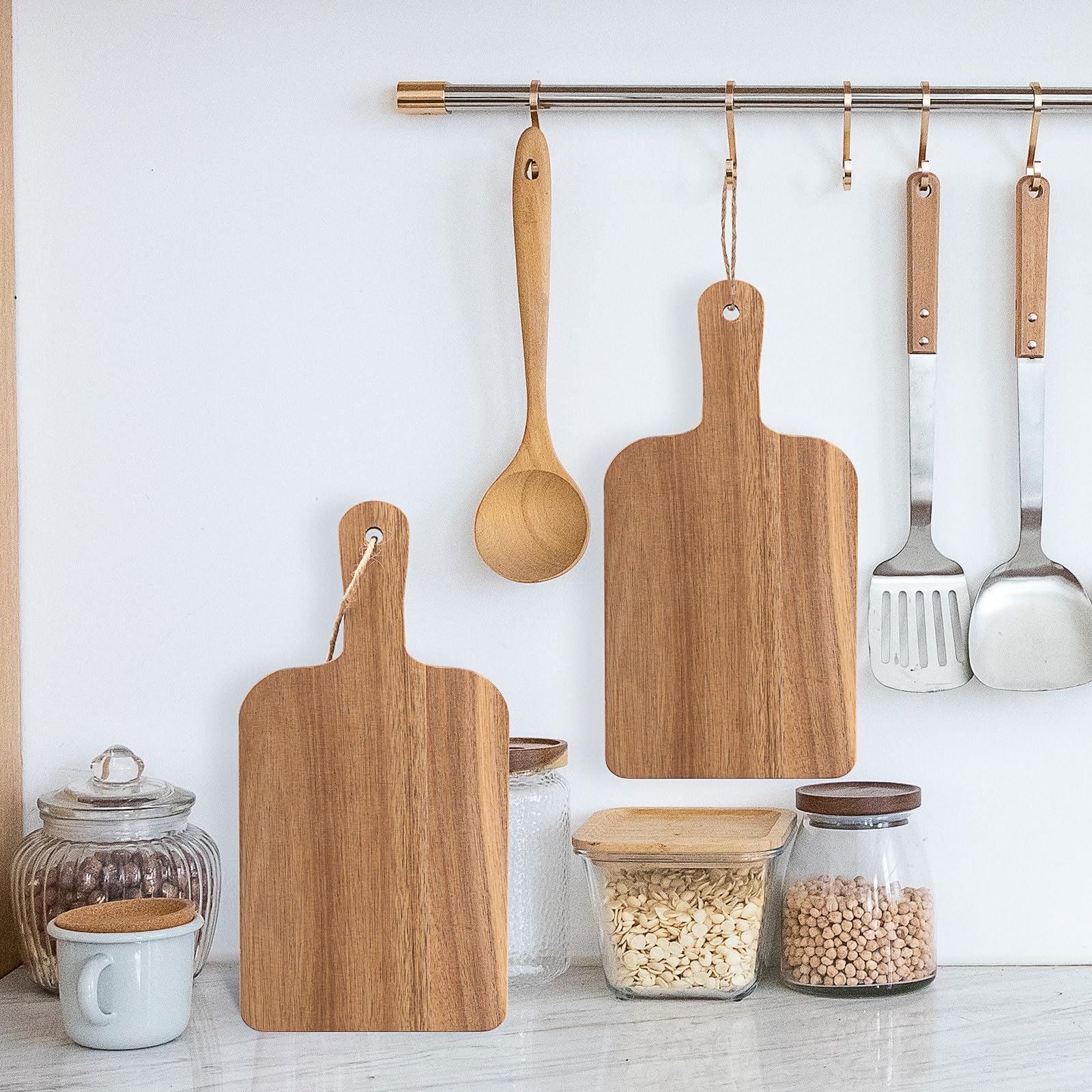 12er Set Akazienholz Schneidebretter mit Griff, 22 x 15 cm Kleine Holz Servierbretter, Holz Pizza Bretter Küchenbrett Schneiden & Servieren Frühstücksbrettchen für Käse Fleisch Brot Obst