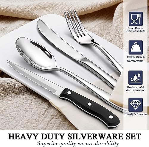 Miniatura 3 de LIANYU Juego de cubiertos de alta resistencia para 12, juego de cubiertos extra gruesos de 72 piezas con cuchillos para carne, cubiertos de acero