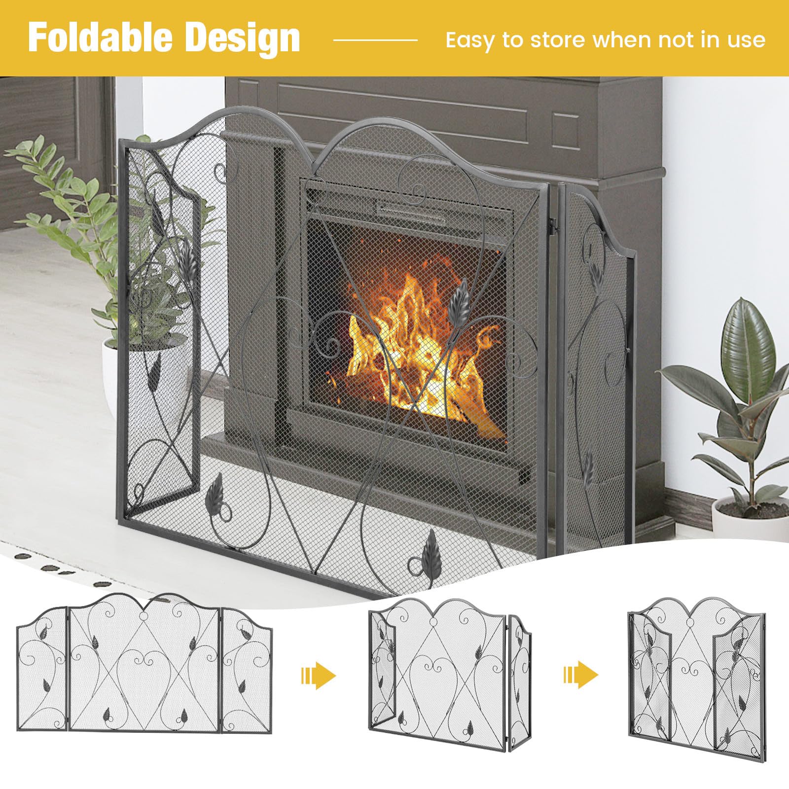LIFEZEAL Grille de Protection Anti-feu Pliable en Métal 3 Parties, Pare-étincelle 134,5 x 73,5 cm Noir