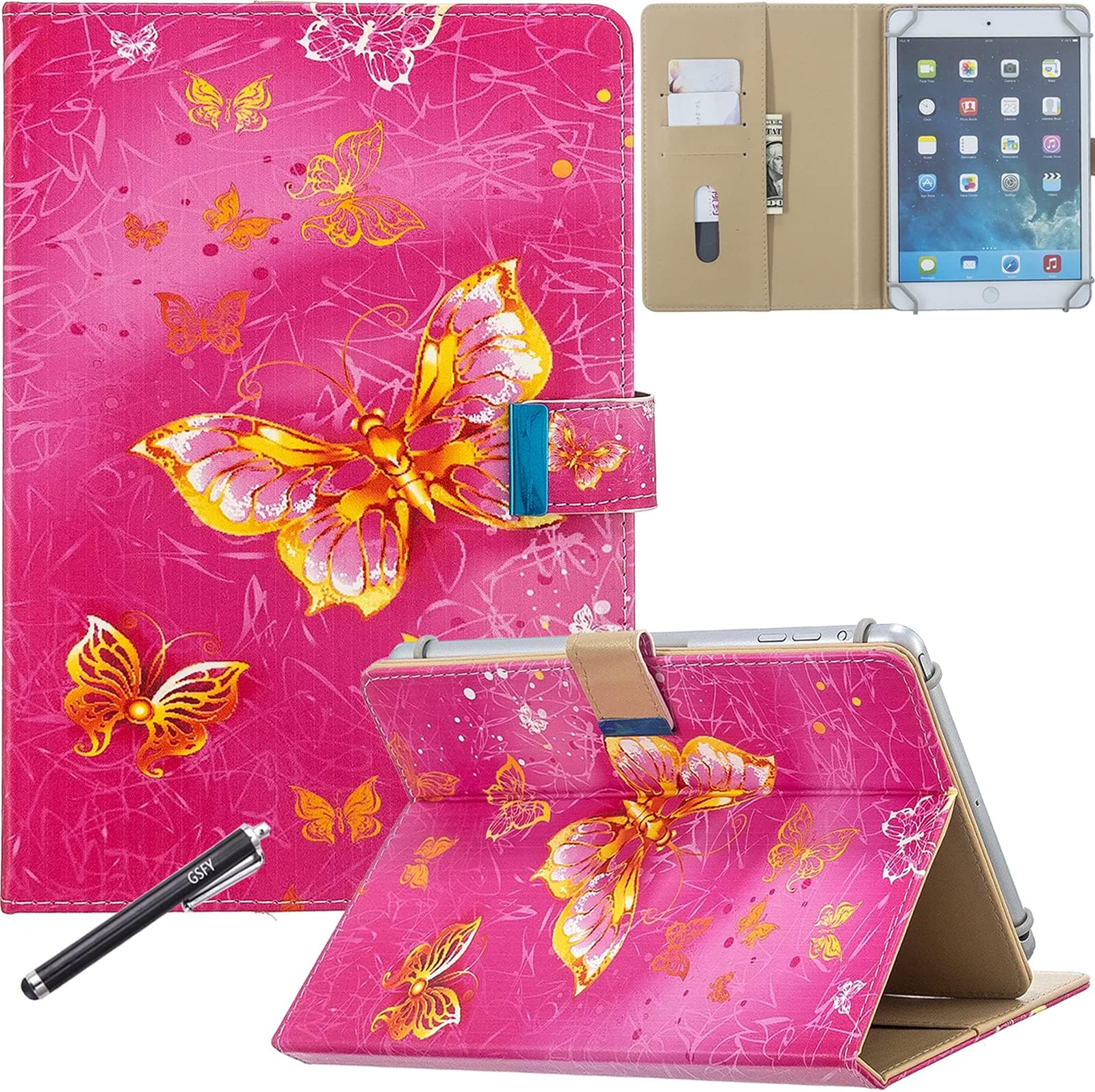 Universal Case for 7 inch Tablet, GSFY Stand Folio Protective Cover for 7.0 Inch Touchscreen Tablet with Multiple Viewing Angles Document Card Pocket, RB-Gold Butterfly