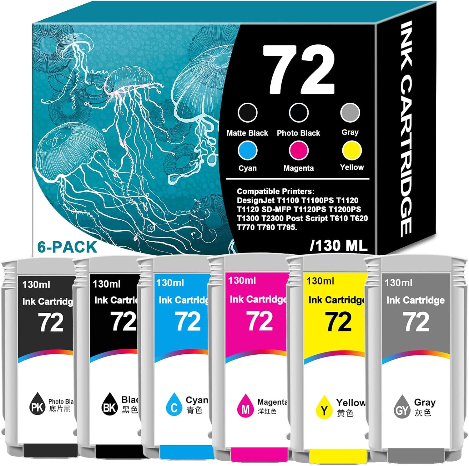 72 Ink Cartridges Latest Upgrade Replacement for 72 Ink Cartridges Work with for HP DesignJet T770 T790 T795 T610 T620 T1100 T1120 T1200 T1300 T2300 (130-ml, 6-Pack)