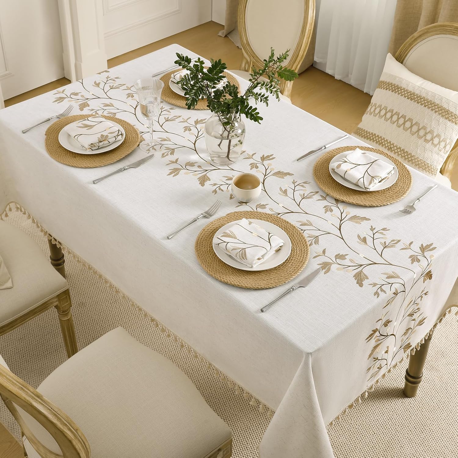 Cotton Linen Rectangle Tablecloth with Tassel for Dining Table, Burlap Heavy Duty Floral Farmhouse Coffee Kitchen Table Cloth Wrinkle Free Table Cover - Golden Flower, 55x79 Inch
