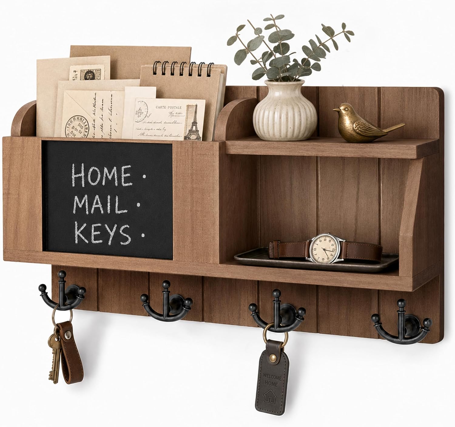 Rebee Vision Key Holder Wall Mount with Chalkboard for Home Decor, Brown