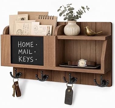 Rebee Vision Key Holder Wall Mount with Chalkboard for Home Decor, Brown