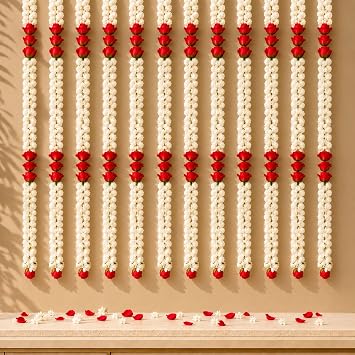 Artificial Jasmine & Rose Buds Flower Garland for Home Decor Floral Wall Hanging Strings for Mandir Backdrop, Diwali, Wedding, Indoor & Outdoor Festive Events 2 Strings / 3 Feet