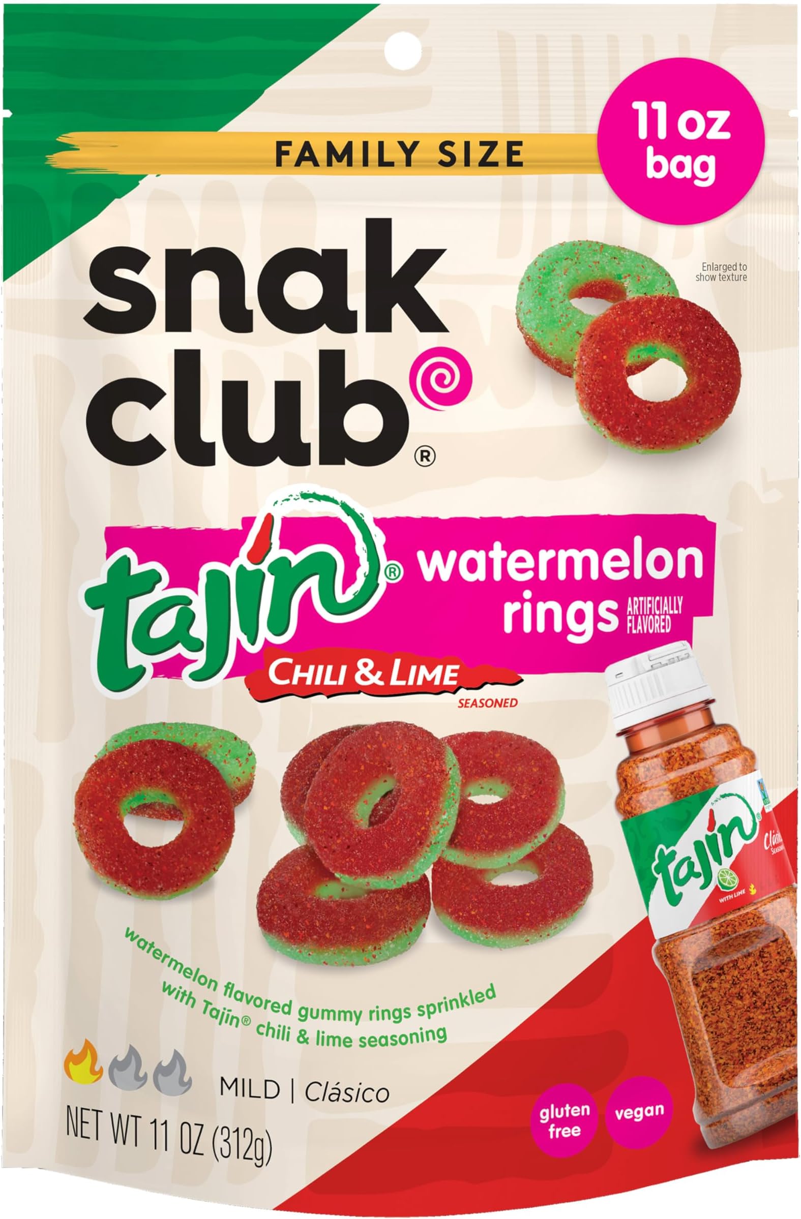 Watermelon Rings, Tajin Chili & Lime Seasoned, Sweet and Spicy Gummy Candy, Mild in Heat Bold in Flavor, Low-Fat, Vegan, Gluten-Free Snack, Family Size, 11 Ounce