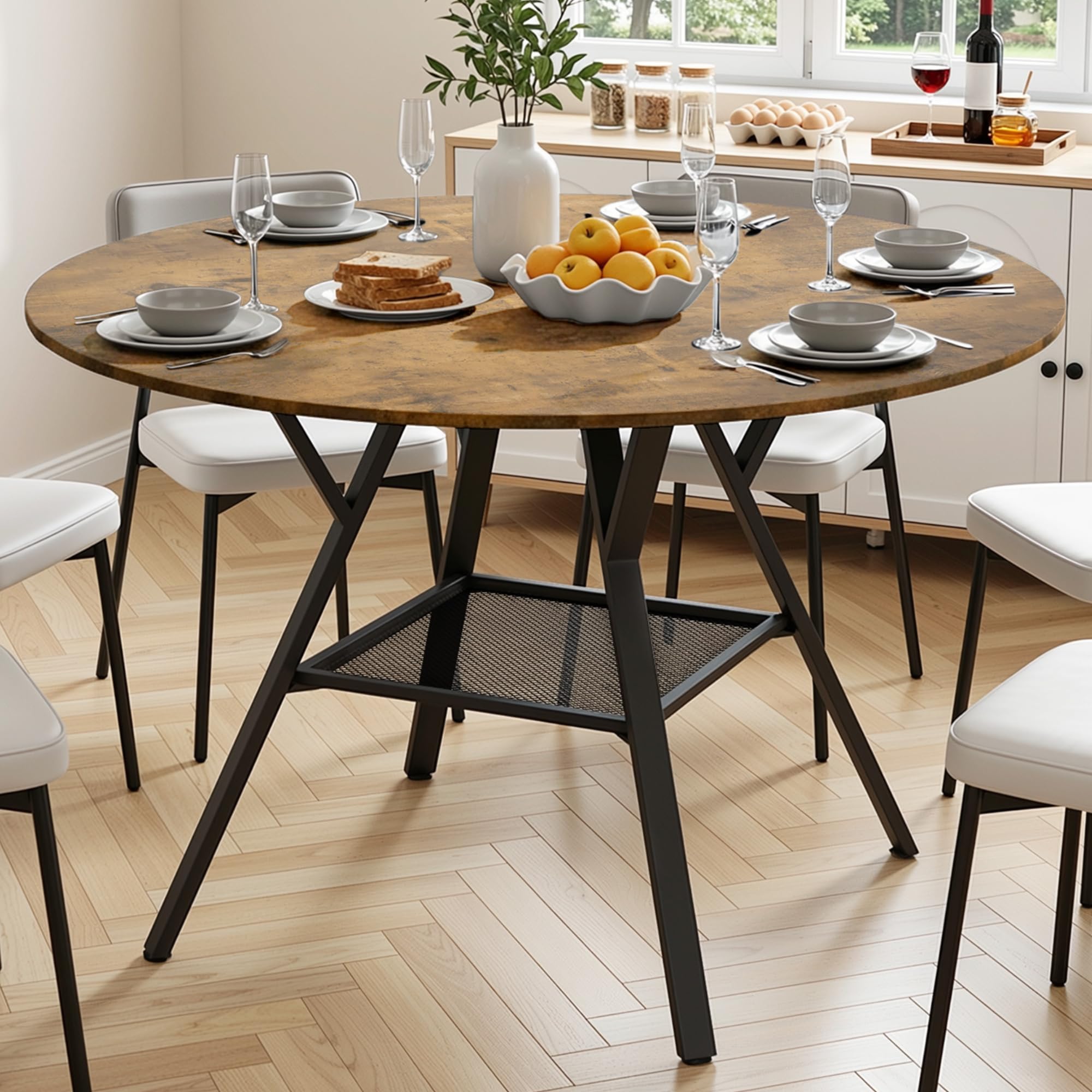 Runder Esstisch 120 cm, Esszimmertisch Holz für 4–6 Personen, mit Ablage und stabilem Metallgestell, platzsparender Küchentisch im Industrial Design für Esszimmer Küche Wohnzimmer, Retro