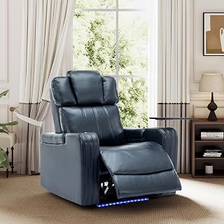 P PURLOVE Power Motion Recliner Chair for Home, PU Electric Recliner with Cooling Cup Holder, Bluetooth Speaker and LED Lights, Home Theater Seating with USB Ports, Tray Table and Arm Storage, Blue