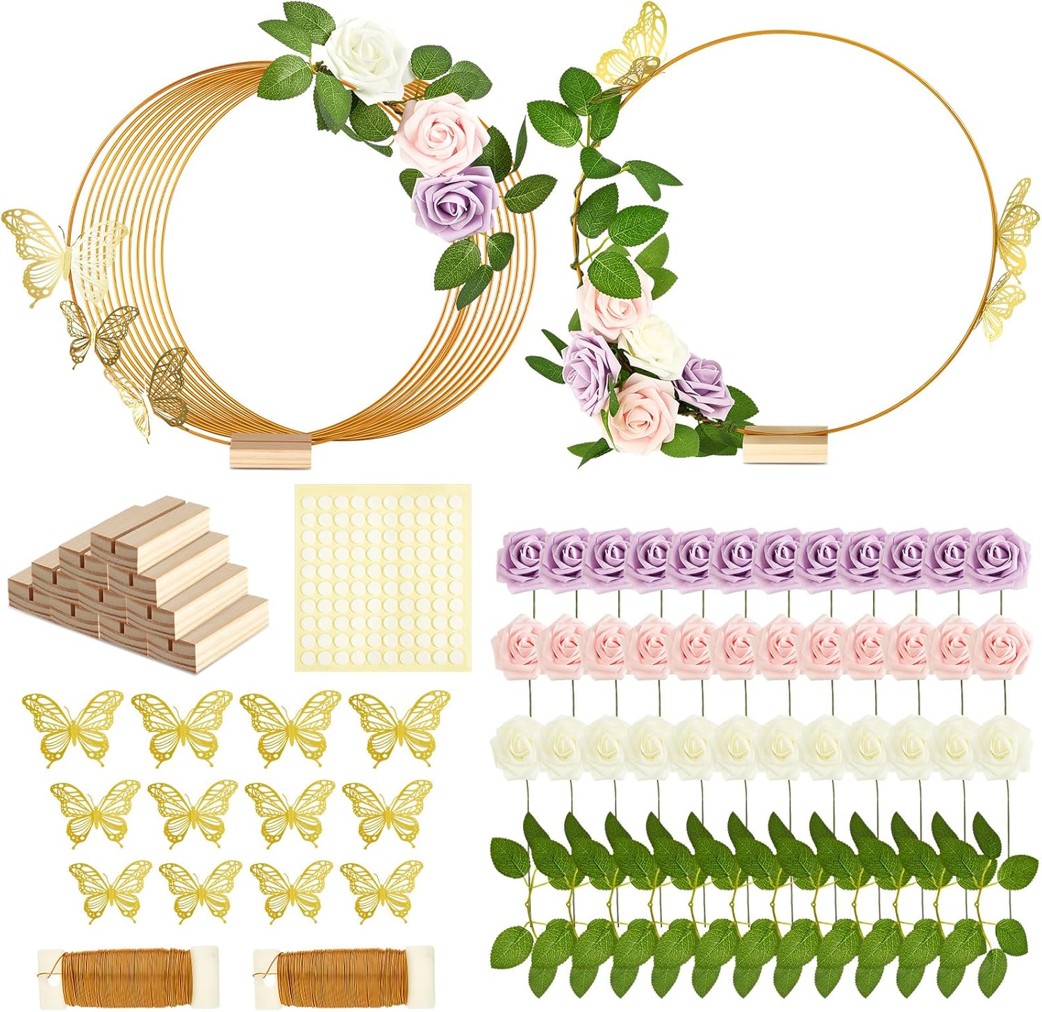 12 Set butterfly Metal Floral Hoop Table Centerpieces Include Metal Ring with Base 3D Butterfly Decoration, PE Foam Flower, Adhesive Dots, Gold Wires for DIY Wedding Baptism Party(Round)