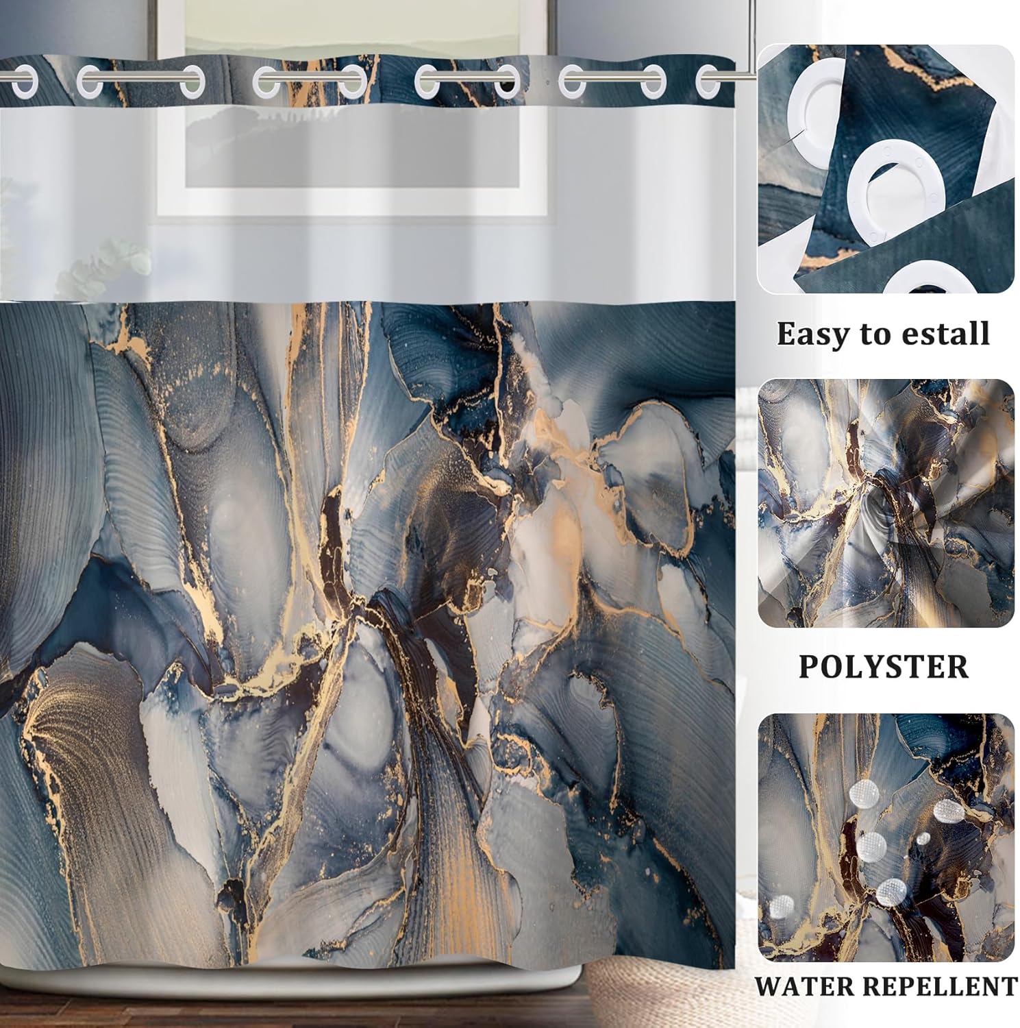 Baocicco No Hook Blue Gold Marble Shower Curtain with Snap in Liner Gold Texture Luxury Modern Shower Curtain with Snap-in Fabric Liner Set Double Layer Waterproof Bath Hotel Curtain Set 71x83 Inch