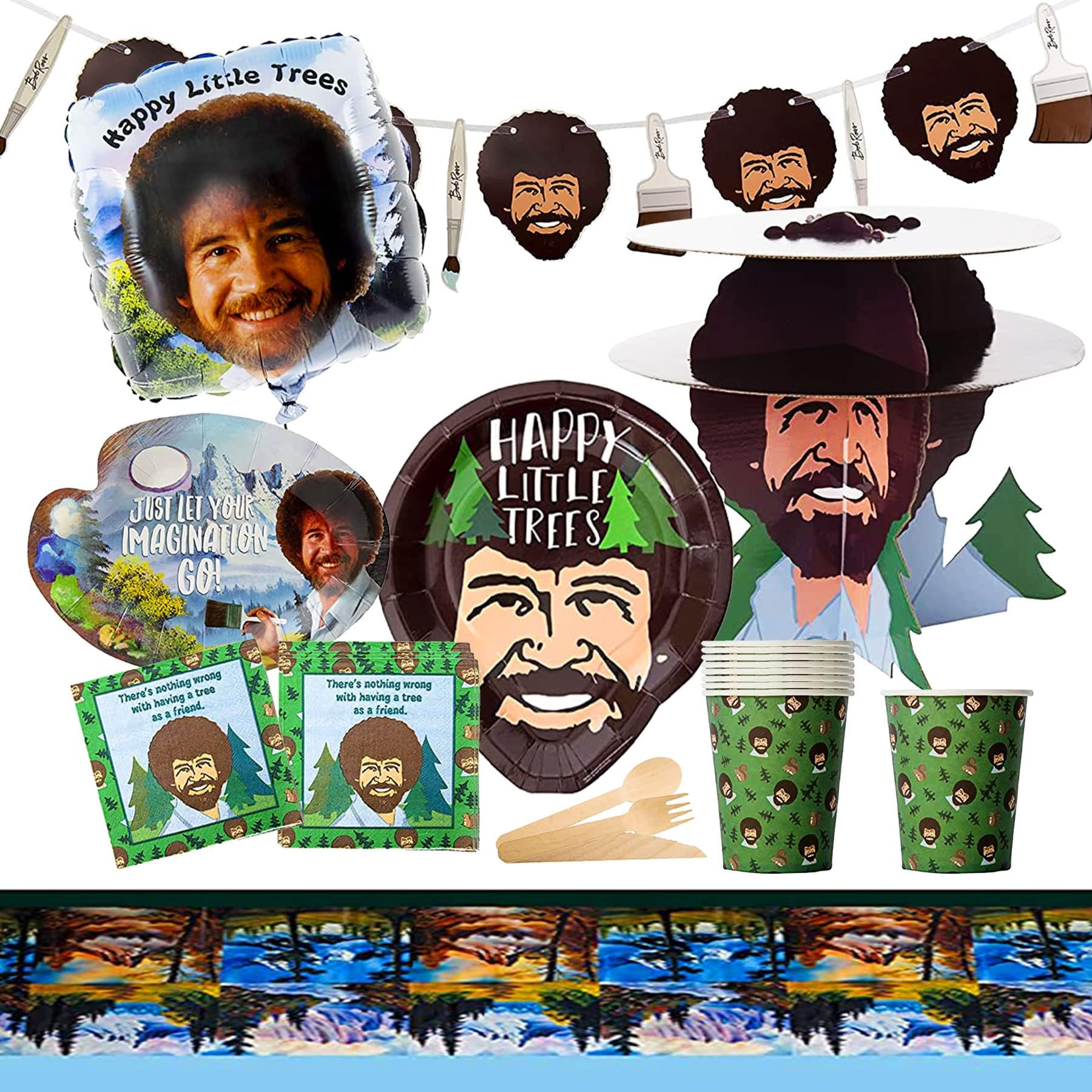 Bob Ross Party In A Box Kit - Serves 10 People - Includes Plates, Napkins, Utensils, Cups & More- Over 100 Pieces - For Bob Ross Fans, Artists, Retirement, Graduation Parties - Party Supplies