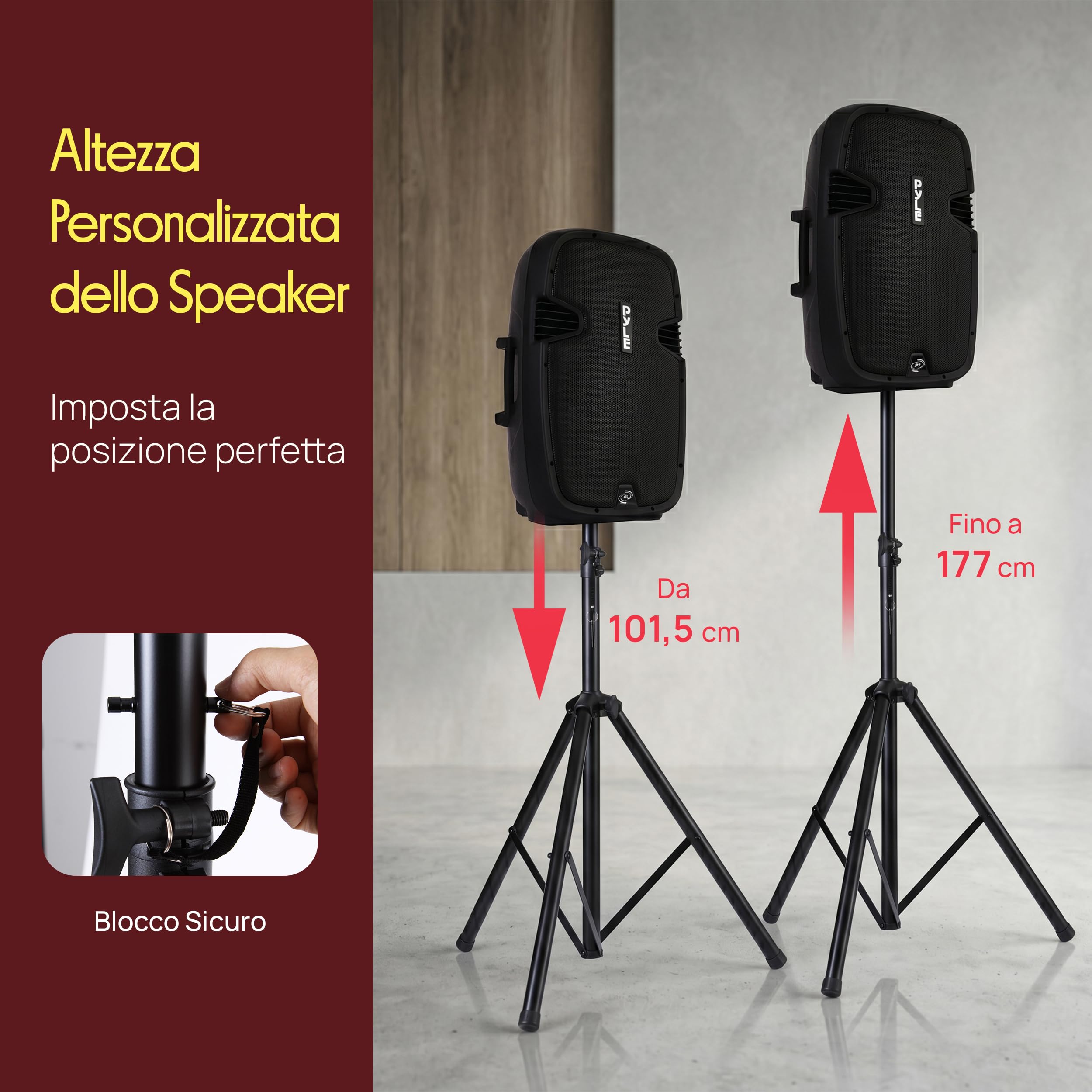 Pyle Stativi per Casse Treppiede Pieghevole, Altezza Regolabile, Stand Casse e Borsa, Acciaio Robusto, Serrature Vite PIN Sicurezza